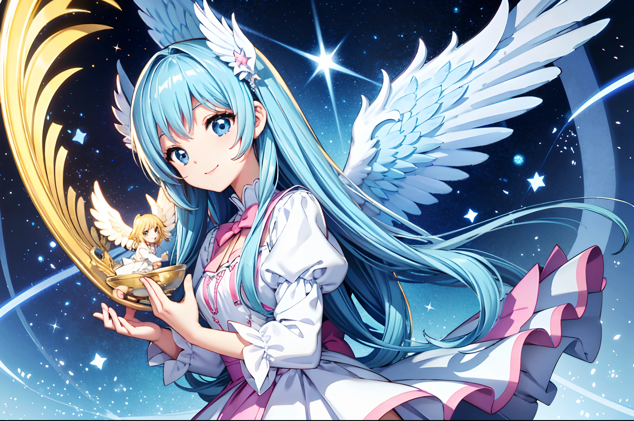 Angel wings shining in seven colors、Kawaii Girl、adorable smiling、Light blue long hair、Twin-tailed、Colorful angel costume、((top-quality))、((masterpiece))、(ighly detailed、highestdetailed、Official art、Beautifully Aesthetic:1.2)