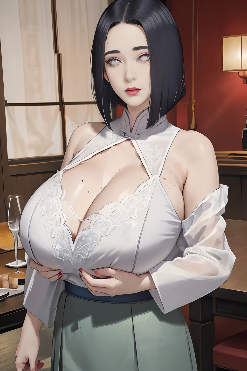 (((short detailed hair))))((Ballet))))(((Emotional movement))))Comb the hair on one side,Transparent top,((Strangling feeling)),dual horsetail(((Emotive expressions, (((gigantic cleavage breasts,))), ))))model posing ,Lace,((((Forehead))))in a colorful fantasy realism style, kawaii art, yanjun cheng, Glowing portrait, Realistic hyper-detail, cute cartoon design, dollcore,Forehead, Asymmetrical hair, alternate hairstyle, hair slicked back, diagonal bangs, Blunt bangs, sweeping bangs, (((Moles under eyes))),,What impressed her the most was the mole under her eyes,The clothes are gorgeous and intricate,The background is complex and cumbersome,,8K,a sense of atmosphere,cabelos preto e longos,on cheongsam,Show your figure,Red lip stain,Hairpins hang gorgeously,Roses bloom,Excellent figure,The proportions of the body and head are coordinated,独奏((((校服)))),a deep green pleated skirt,