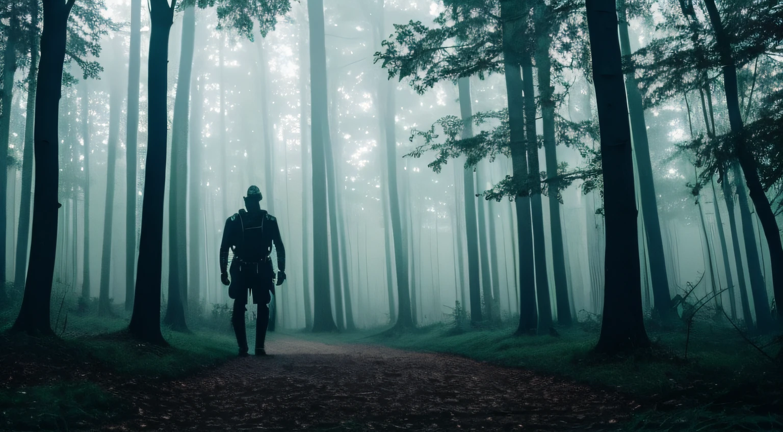forest, trees, dark vibes, fog, night, spooky techno men, leather harness, raver,
