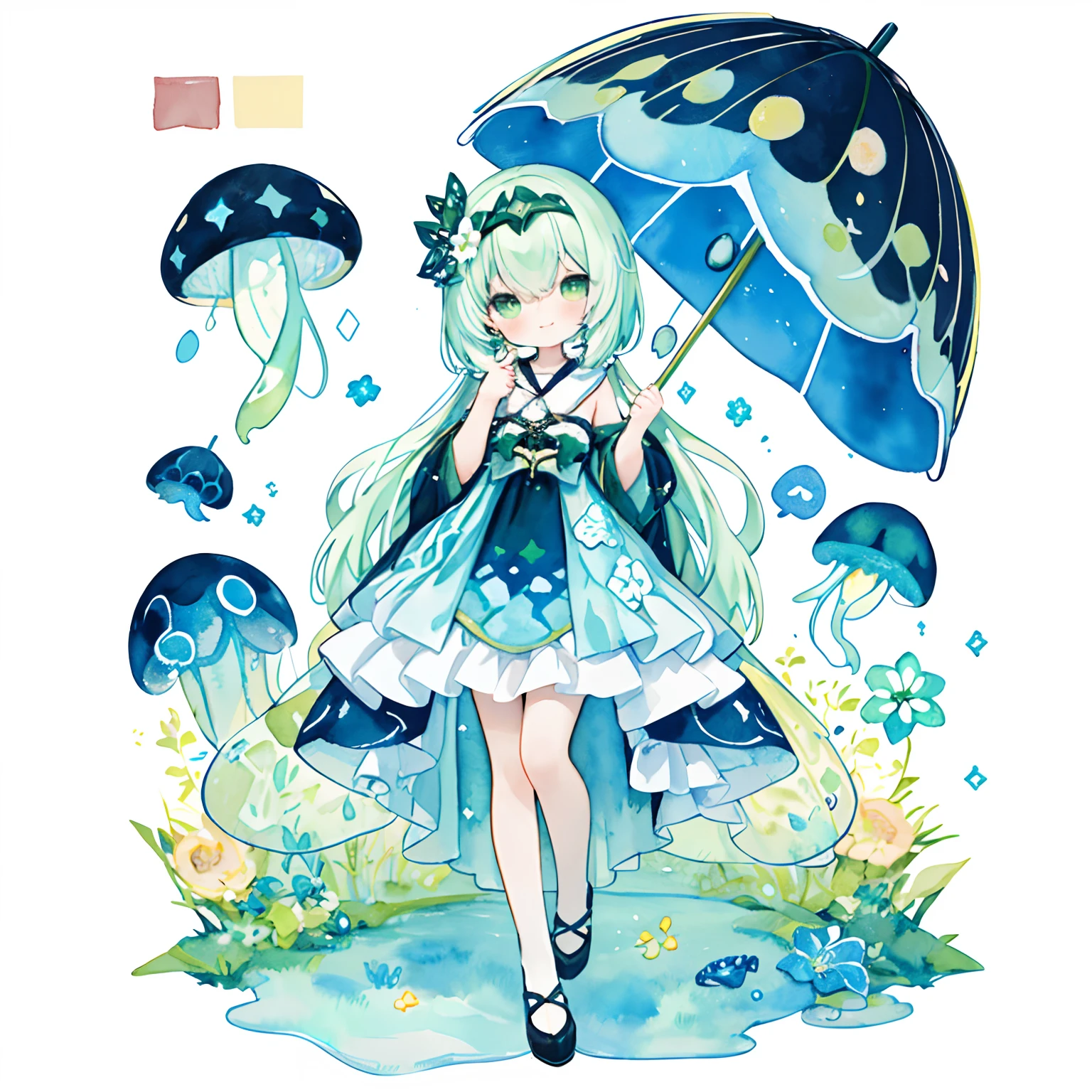 (PastelColors:1.5)、(Cute illustration:1.5)、(watercolor paiting:1.2)、(1girl in:1.0)、(White and yellow-green hair:1.2)、hair between eye、White background、girl with、full body Esbian、Jellyfish、Jellyfish girl, Umbrella like a jellyfish、Dresses with bulging skirts、The skirt part bulges、Jellyfish pattern design, Good Style、Double Layer Green Long Dress Skirt、Glitter in the heart、Green and yellow-green motifs, Light blue, Cute, Floral ornament on the head、Jellyfish、cute hair arrange, long、Wavy Hair、Fetishes、Smile,  Fantasy, Detailed picture、Fluttering、A slight smil、adolable、Toyowa Toyowa、Calm、hight resolution、high-level image quality、Kindness、The upper part of the body