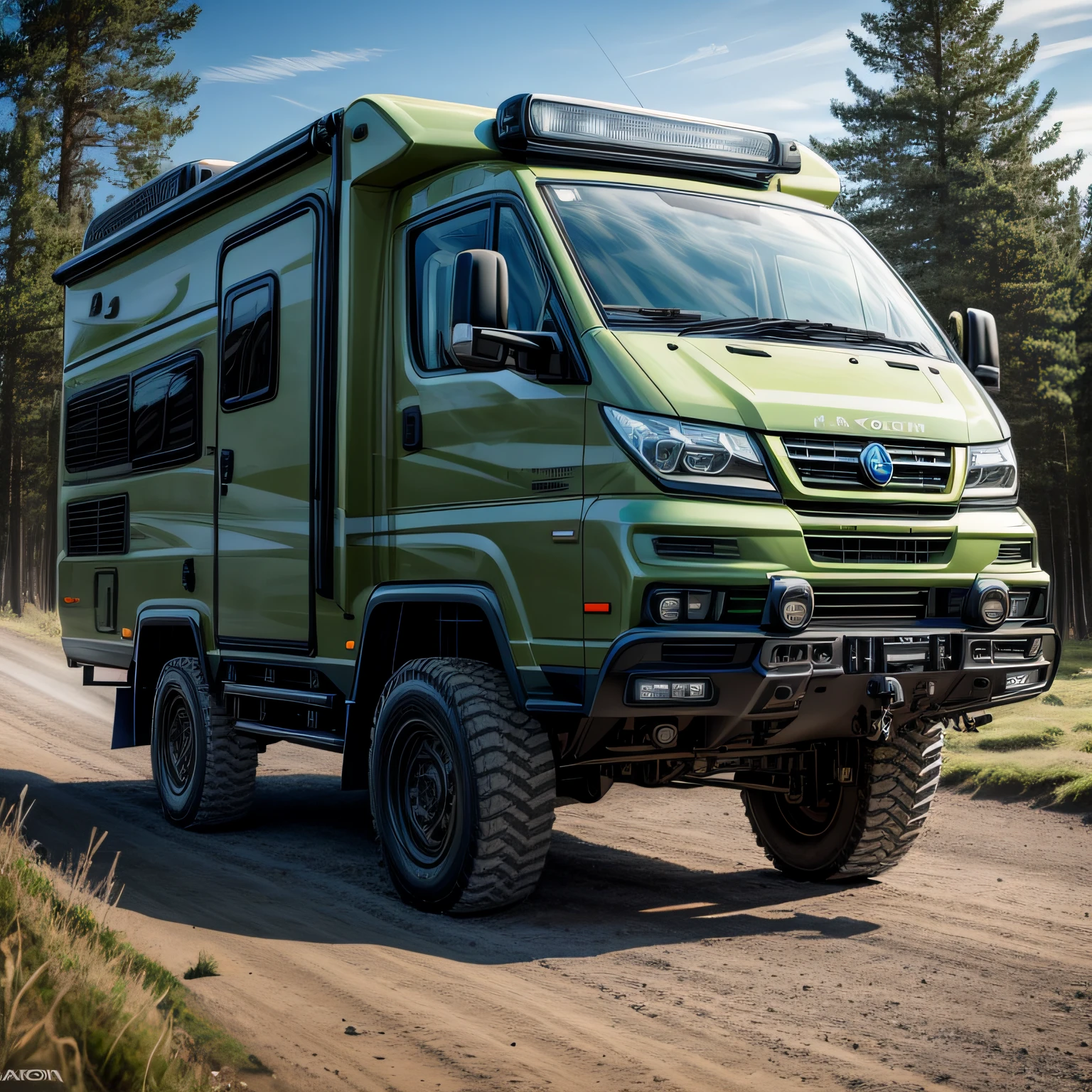 Tracked vehicles,Trailer campervan,In front of the motorhome, Large campervan, camping, (Masterpiece:1.3), (8K), (Best quality:1.4), (hyper HD:1.2), (Photorealistic:1.3),( RAW photography), (hyper-high detail),
