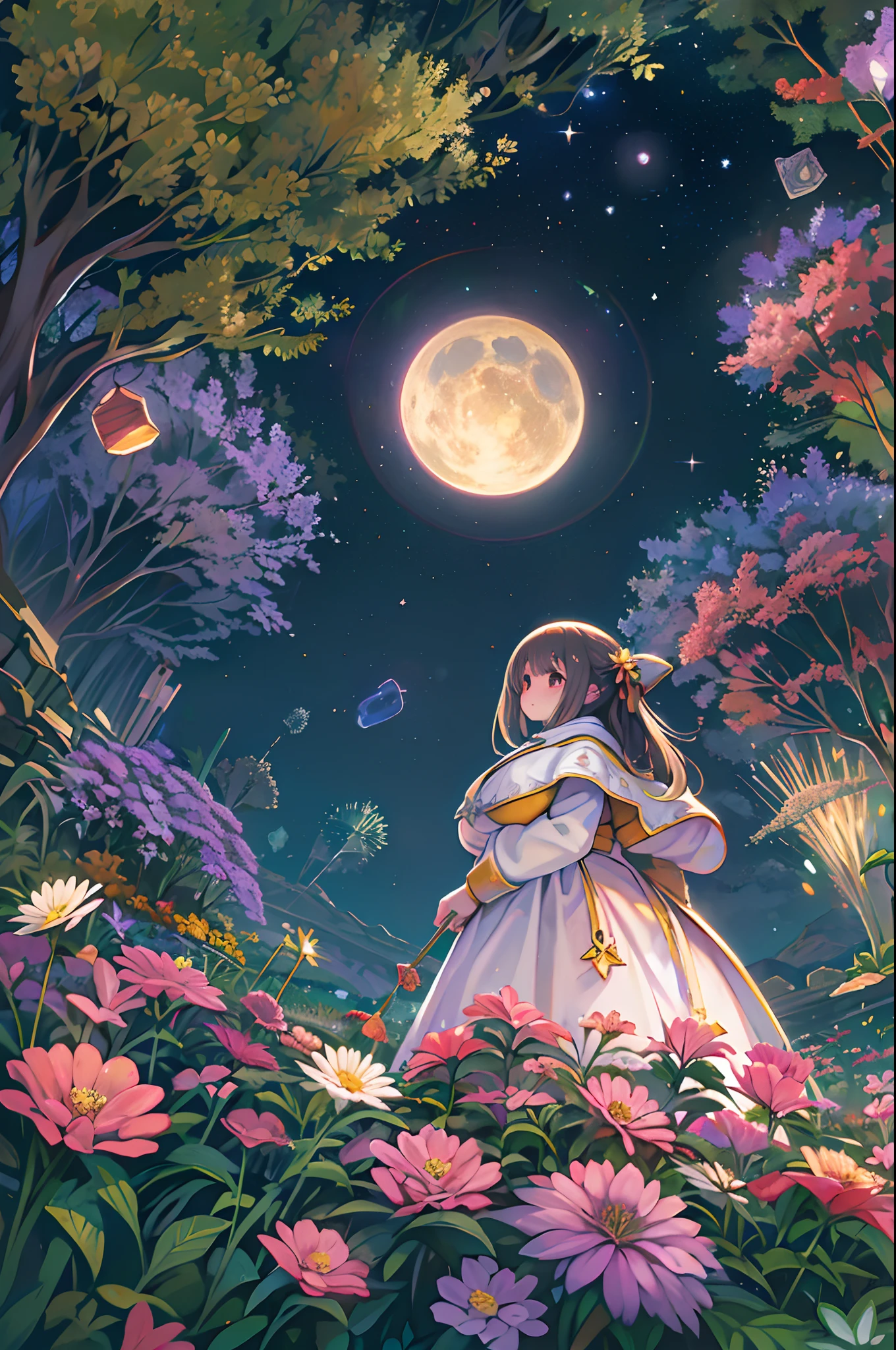 of the highest quality, high_resolution, Distinct_image, Detailed background, girl, flower, garden, Starry sky,、Huge chubby、Ultramammy、