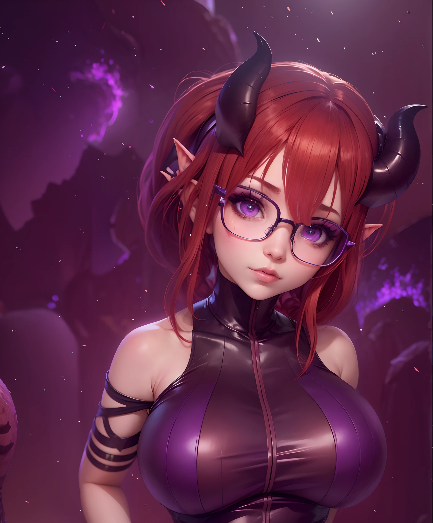 garota, anime, succubus, redhead, Posando, Chifres, vestir, Apertado, glasses, Purple, orelhas de elfo, best quality, Rosto detalhado, 8k
