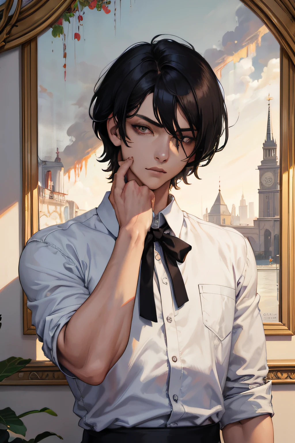 1men, portrait, 25 years old, pose, black hair, golden eyes, short hair, white shirt, blood, solo, spectator look, upper body, sky, (masterpiece:1.2, best quality)