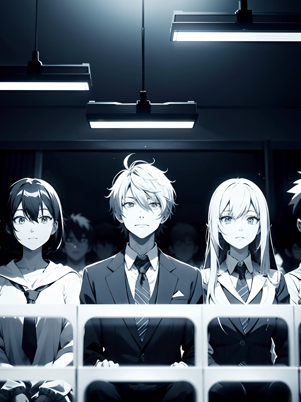 3:2 scale，A group of students stand side by side at the back of the classroom，The feeling of a graduation photo，Facing the audience，Group of 1.5（Population 1.5）（Shocked expression 1.5）（The background is School Classroom 1.5）style of anime4 K，Anime rendering，style of anime。8K，Handsome anime face（Cinematic lighting 1.5）（Master masterpieces：1.4）（Ultra-high detail1.5）（Best quality1.5