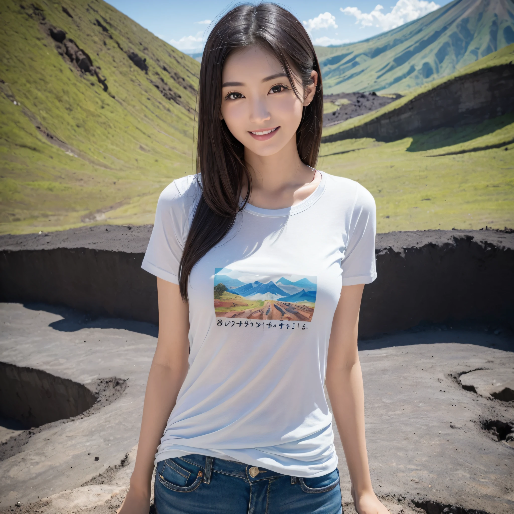 One beauty、((best qualtiy、8k masterpieces:1.3))、foco nítido:1.2、(ultra beautiful faces:1.0)、(shinny skin:1.0)、photos realistic、A dark-haired、Video Lighting、High-definition eyes and face、Video Lighting、25-year-old Japan actress、from the front side、medium breasts、Smile、Slender Abs Beauty、Whole body、Kanji for Japan「tenderness」Wearing a T-shirt、In the crater of the volcano