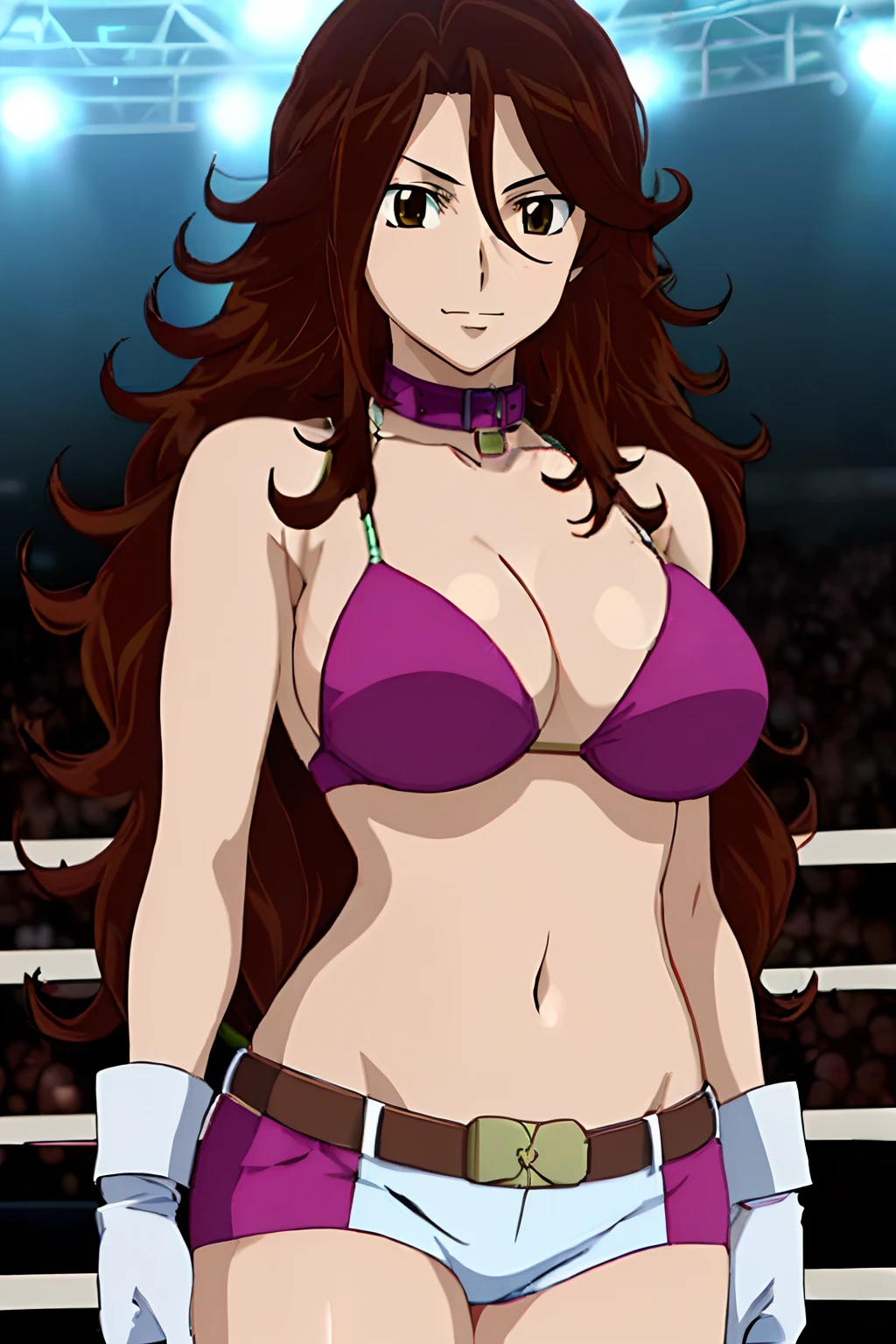 curvy midsection, solo, 1 girl, female wrestler, smile, ), (detailed titration screen, upper body only, anime style: 1.8, anime drawing, ultra detailed face, ultra detailed body, 4k, Sumergai Lee Noriega, (standing), best quality, anime style, hires, highest definition, digital blending, bold drawing lines, ((wwe diva), ((location: wrestling arena, crowds watching)), ( pro female wrestler, slim body, (strong biceps), broad shoulders , off-shoulders, closed fists, (very curvy: 2.8)), ((elegant bikini , shorts, white gloves, collar, arm band, (champion belt))), (pale skin, very big breasts, closed mouth, teeth), (big eyes, brown eyes, shiny eyes), (), (brown hair, loose hair, curly hair, wavy hair, long hair, missy hair), 27 years old