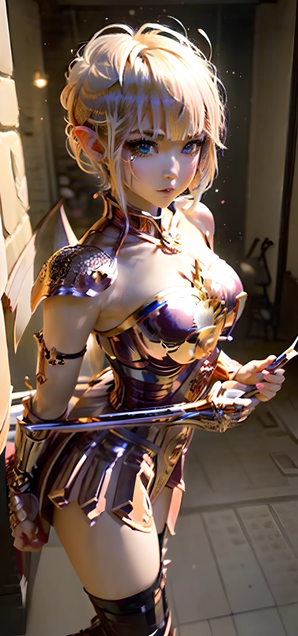 (( (tmasterpiece)，（Very detailed CG Unity 8K wallpaper），best qualtiy，cinmatic lighting，细致背景，beatiful detailed eyes，Bright pupils，（Very fine and beautiful），（Beautiful and detailed eyes description），ultra - detailed，tmasterpiece，hight resolution)), Curly, (Rose gold armor:1.4), Richly decorated armor, a beautiful woman warrior, (a pixie cut:1.4), Platinum Blonde Hair, cleavage of the breast