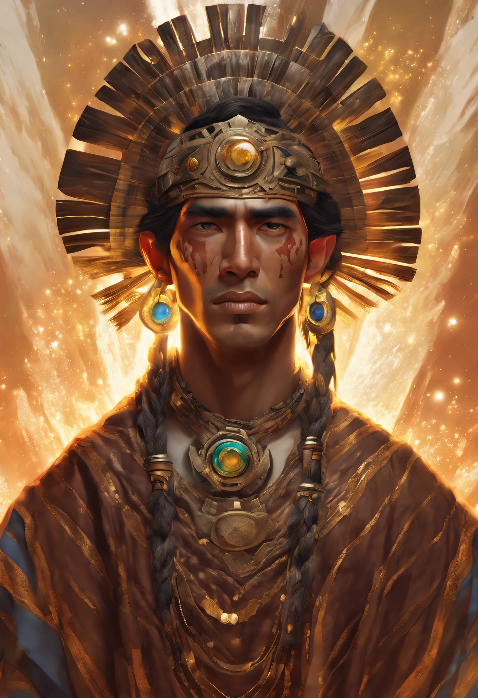 ((best quality)), ((masterpiece)), ((realistic,digital art)), (hyper detailed),DonMG414XL male , ager Compact, Native American, Dark brown eyes, Tapered Chin, Full Cheeks, Widows Peak Forehead, Rectangular face shape, Shapely Hamstrings, Moles, Chestnut Short comb-over hair, Hope,, Concentrated gaze, calling forth elemental energies, wearing Sorcerer's Breeches, Priest's Vestment , , , and and andNight Vision Goggles Spark (Liquid crystal,Darkroom Tool,Nebula Fabric Roofs Electric current,Rotation,Opal Multi-color Prophecy,Hypnotizing,Shine ,Cuboid,geyser,Star ,Broken lines,Zigzag lines,Spellbinding,Elysian,Gestalt principles,Swirling magic:1.0), Kneeling with arms outstretched, calling upon higher forces, Otherworldly Glow, octane rendering, raytracing, volumetric lighting, Backlit,Rim Lighting, 8K, HDR,