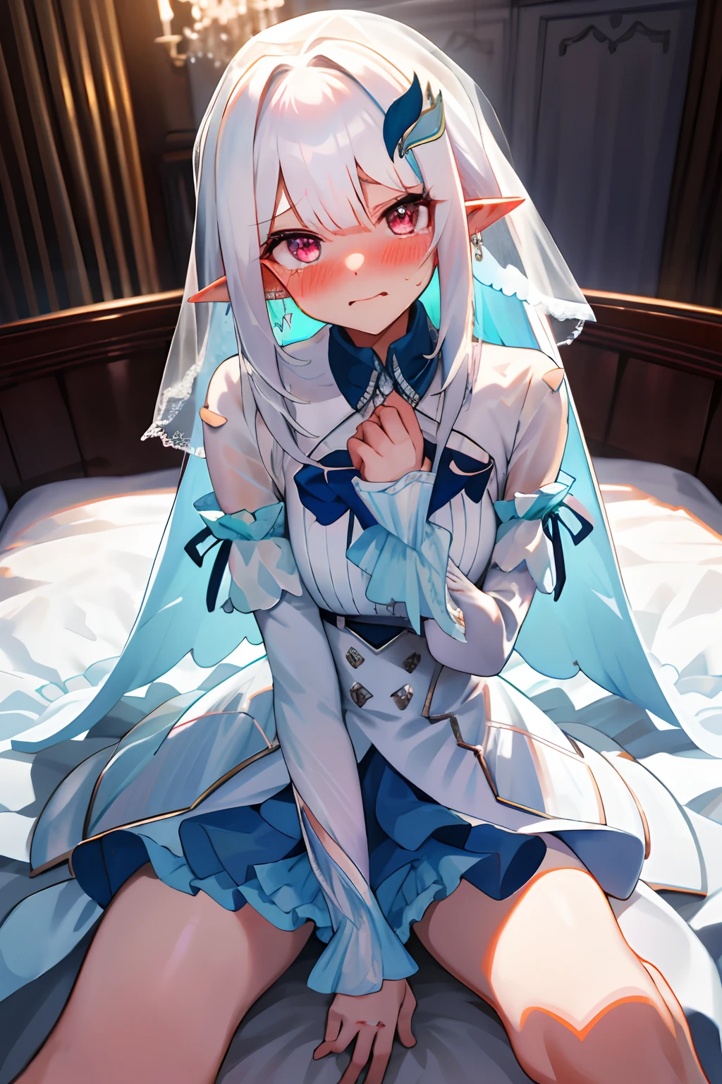 One girl with long hair, white hair, looking at viewer, embarrassed, blushing, tears, indoor , wedding dress, wedding veil, pointy ears, perfect waist, bed, sit on, spread legs, night atmosphere, hair ornament, open arms for viewer