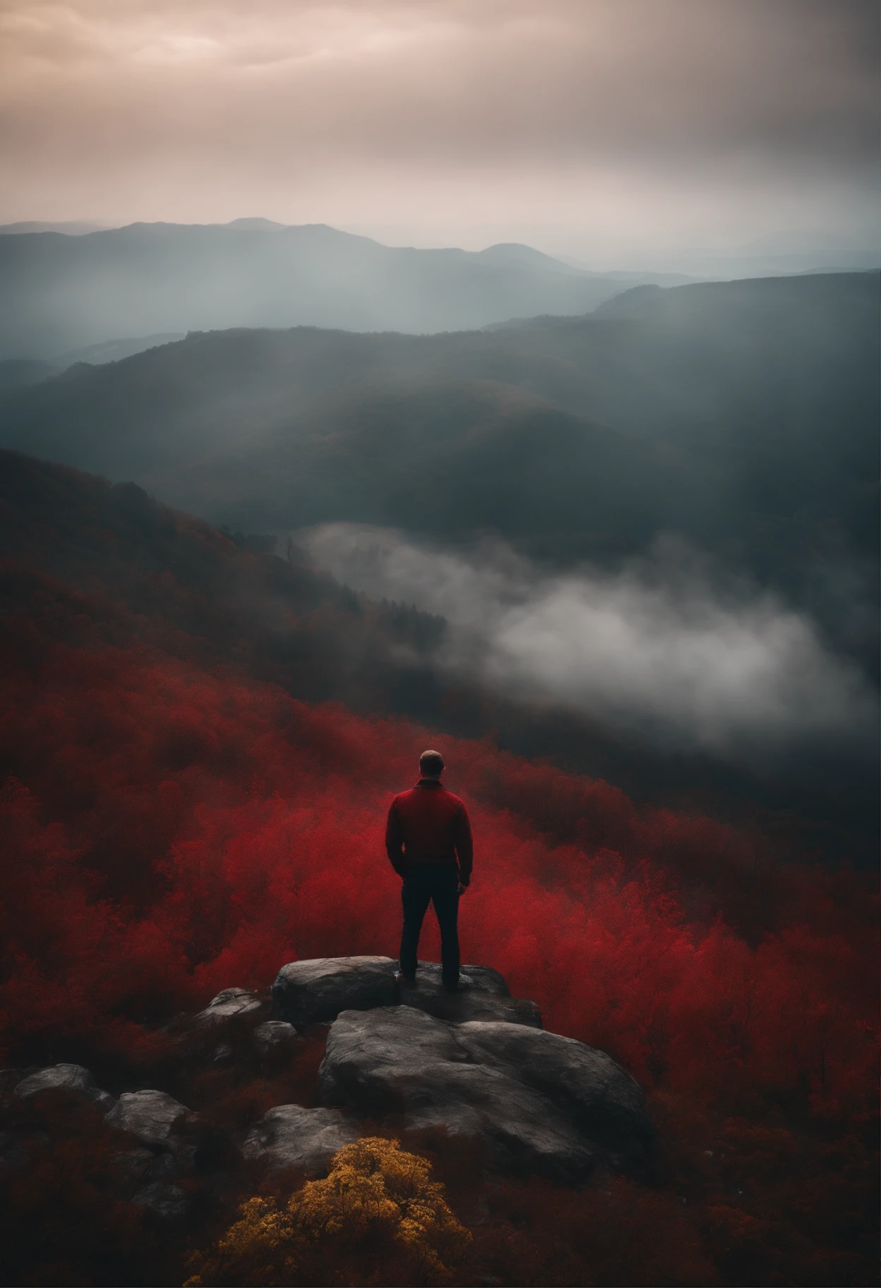 Man standing on a mountain with a red era, a yellow fog and a great view