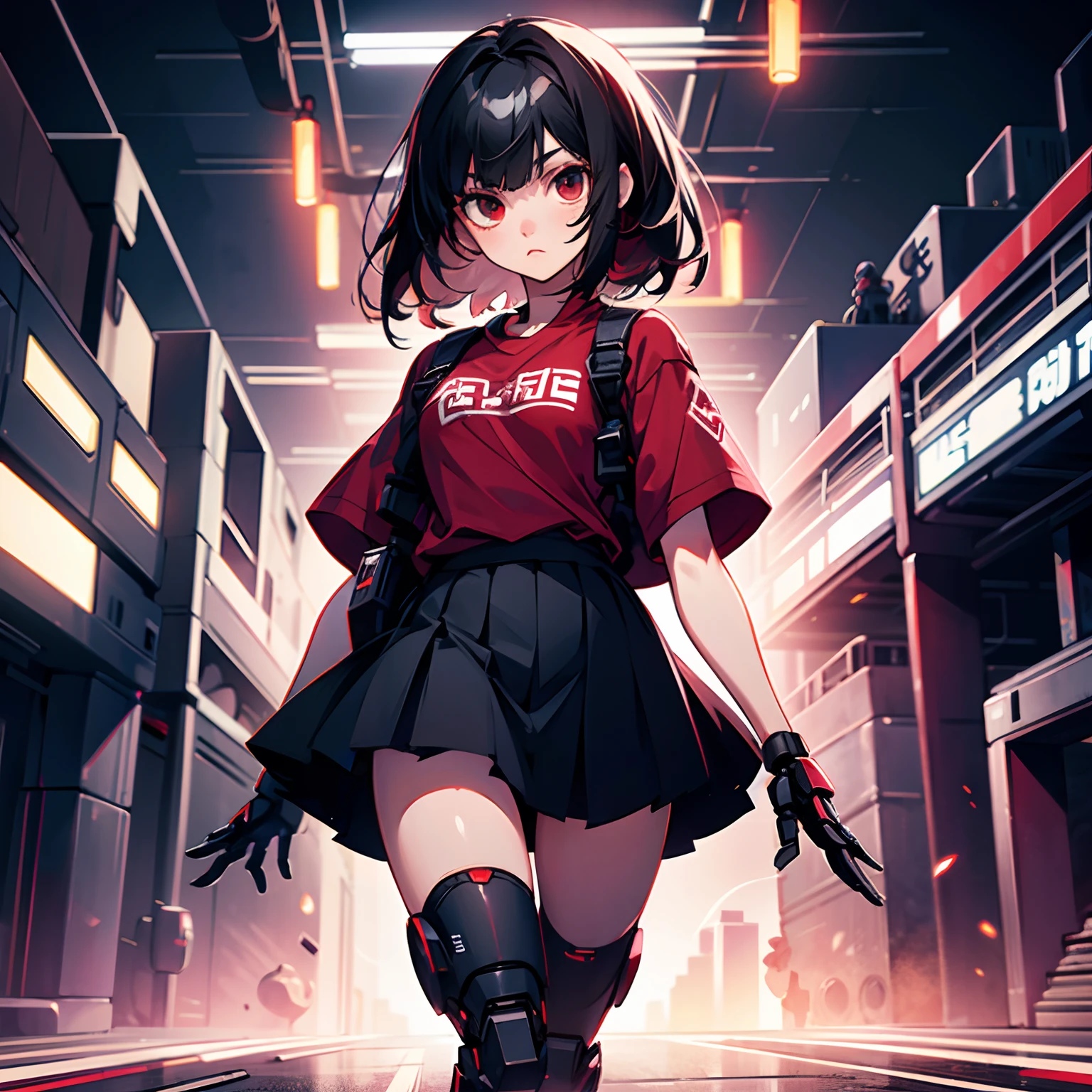 girl character, black hair, red t-shirt, black skirt, robotic legs, ((solo character)), night background