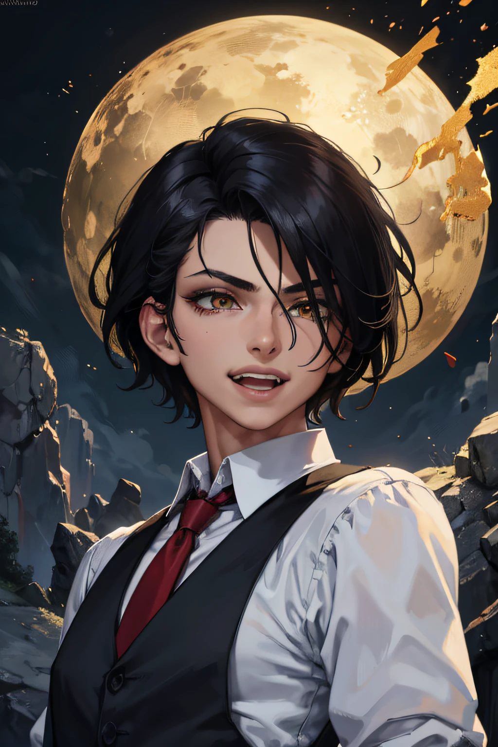 1men, portrait, 25 years old, laughing, mad, black hair, golden eyes, short hair, white shirt, blood, solo, spectator look, upper body, sky, (masterpiece:1.2, best quality)