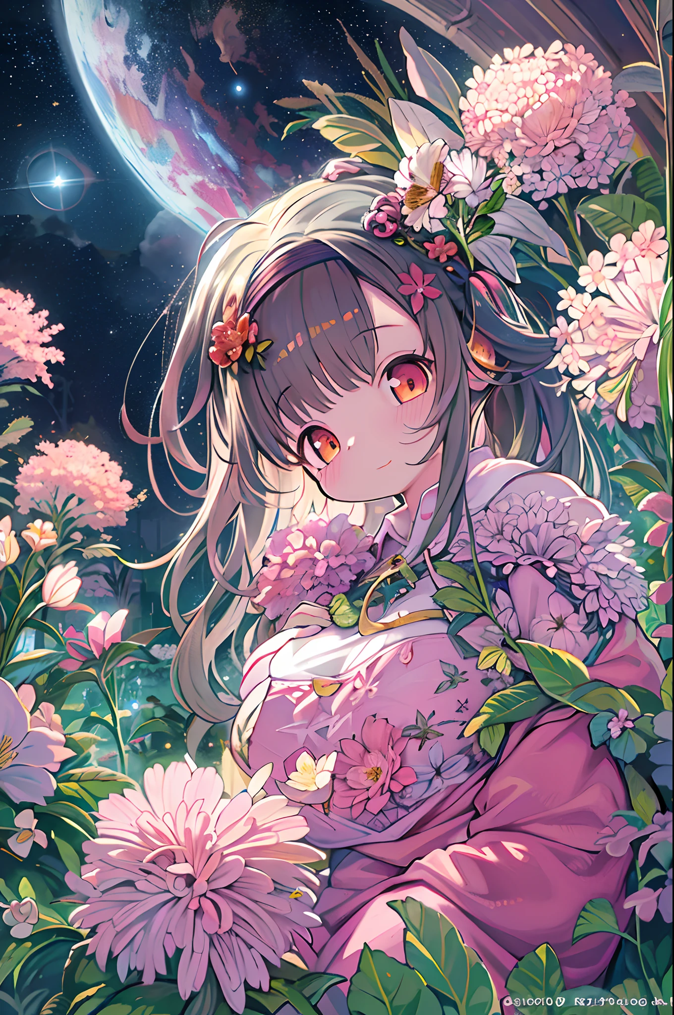 of the highest quality, high_resolution, Distinct_image, Detailed background, girl, flower, garden, Starry sky,、Huge chubby、Ultramammy、