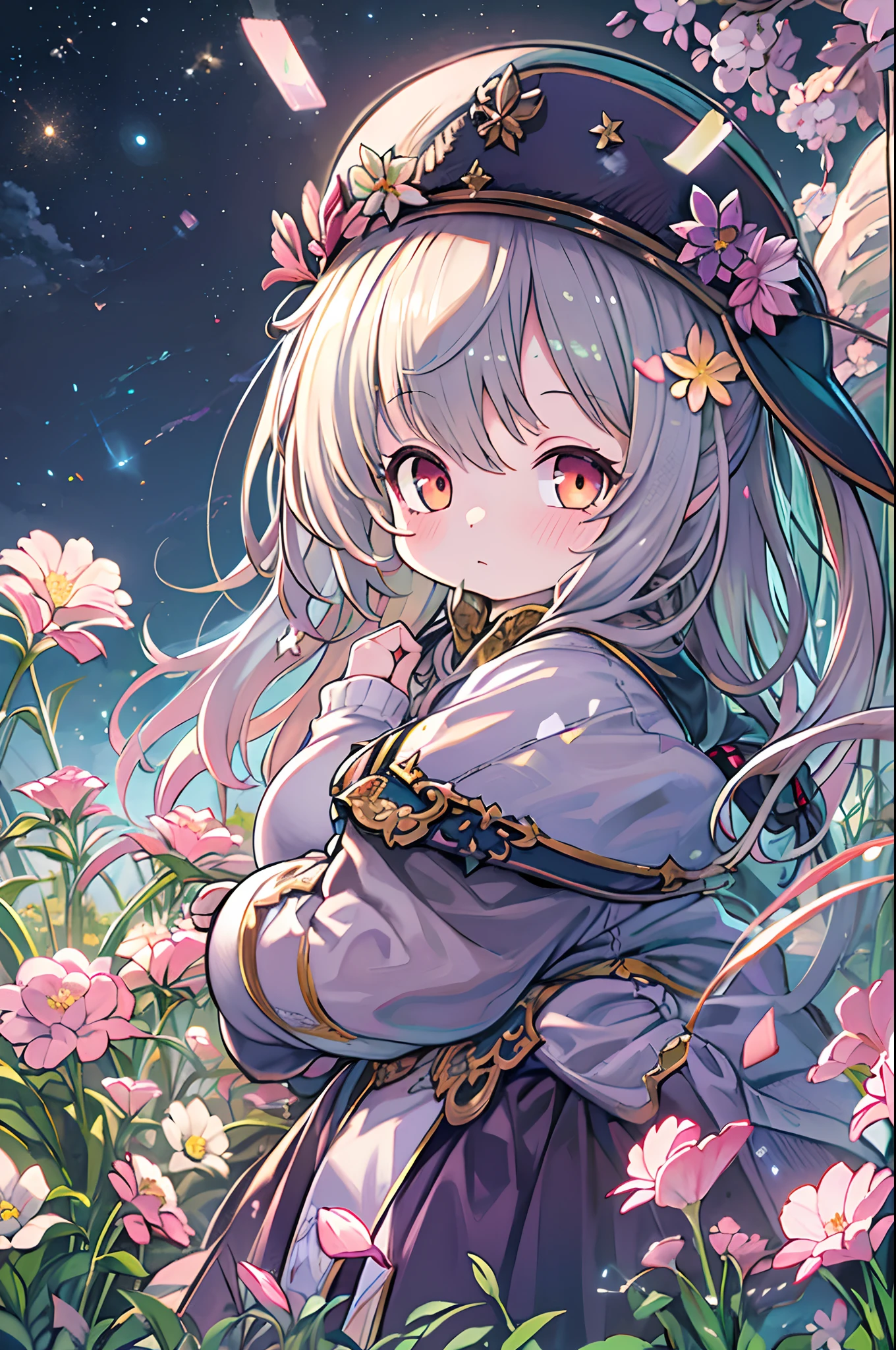 of the highest quality, high_resolution, Distinct_image, Detailed background, girl, flower, garden, Starry sky,、Huge chubby、Ultramammy、