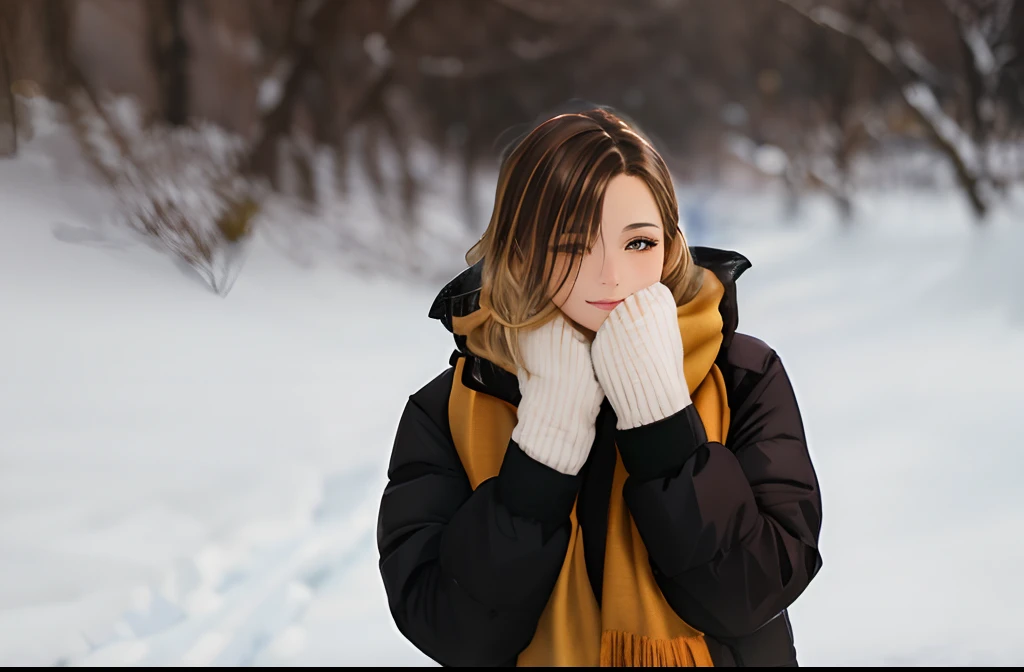 Woman in yellow scarf and black jacket standing in the snow, Exquisite facial features, landscape, Light particles, Light rays, side-lighting, White skin of the,Cold weather, Cold snow outside, portrait of Nordic girl, Cold winter, cold snowy, warm friendly expression, Warm smile, blanketed in a mantle of snow, Extreme cold, warm and gentle smile, winter time, warm color clothes