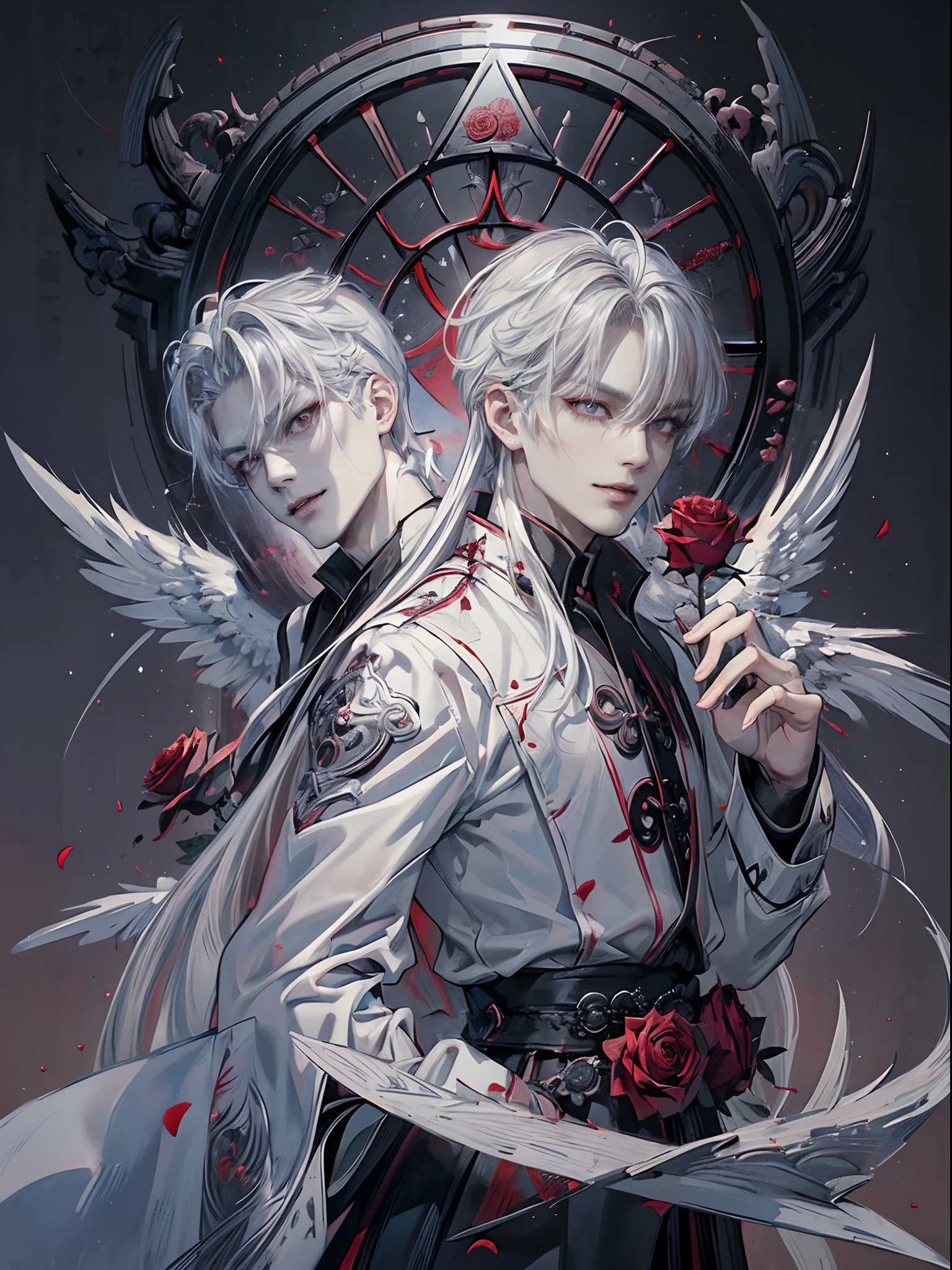 ((4K works))、masterpiece、(top-quality)、((high-level image quality))、((One Beautiful Fallen Angel Man))、Slim body、((Vampire Black Y-Shirt Fashion))、(Detailed beautiful eyes)、((Red roses and crows on fantastic black background))、Inside the Evil Castle、((Face similar to Chaewon in Ruseraphim))、((Long and gray-haired man with center division))、(((white hair)))、((Smaller face))、((Neutral face))、((Red Eyes))、((Korean Male))、((50 years old))、((wild boy))、((Show your teeth and smile))、((Korean makeup with black eyeshadow))、((elongated and sharp eyes))、(((Shot alone)))、((Fallen Angel))、Photos of fallen angels、Villain、Dark Proof、((Shot diagonally from the side))、King of Fallen Angels、Evil King