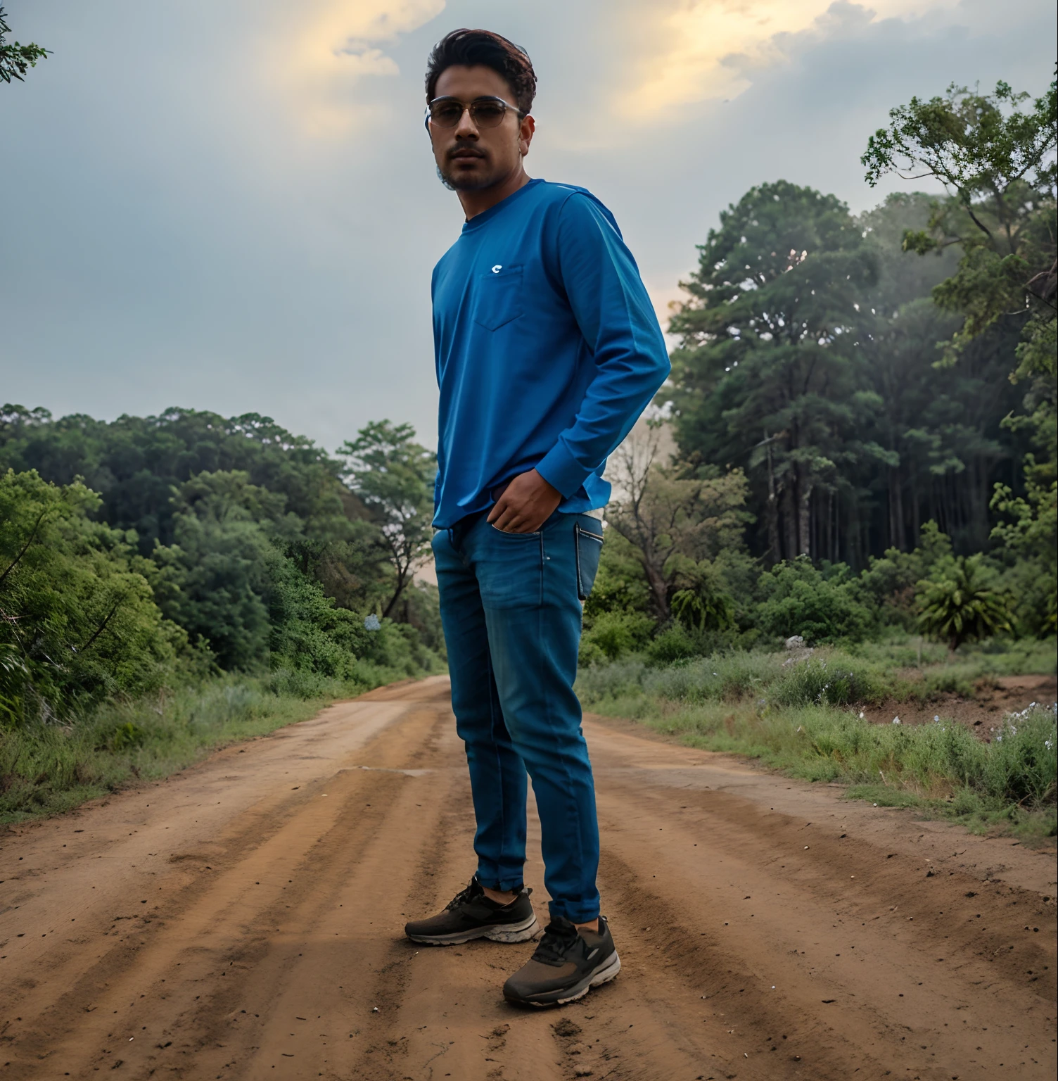 there is a man standing on a dirt road with a blue shirt, standing in road, in front of a forest background, full body picture, with a cool pose, distant full body view, full body photogenic shot, on a road, distant full body shot, standing in street, cool pose, casual pose, casual photography, jayison devadas style
