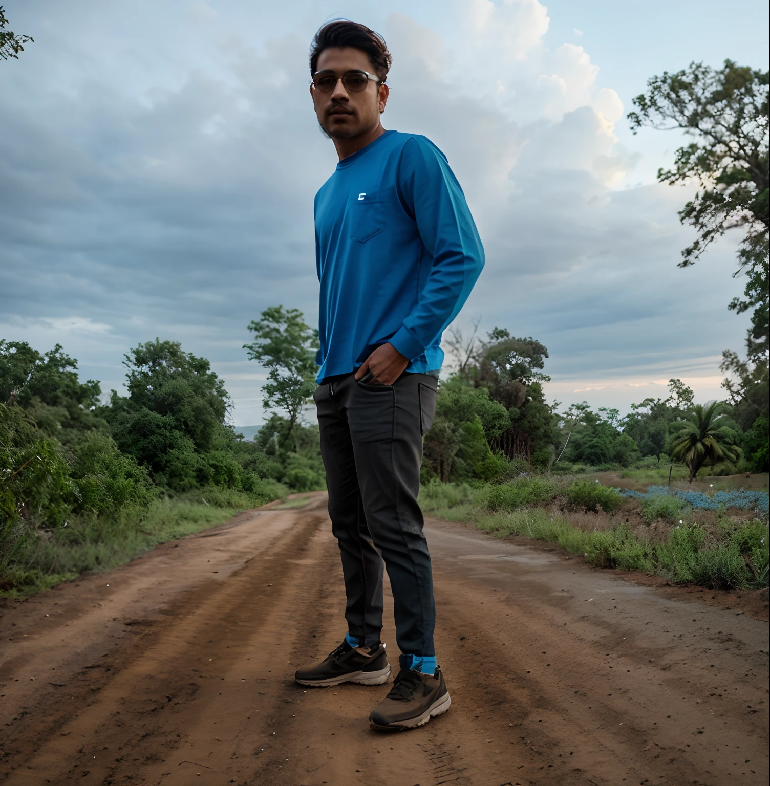 there is a man standing on a dirt road with a blue shirt, standing in road, in front of a forest background, full body picture, with a cool pose, distant full body view, full body photogenic shot, on a road, distant full body shot, standing in street, cool pose, casual pose, casual photography, jayison devadas style