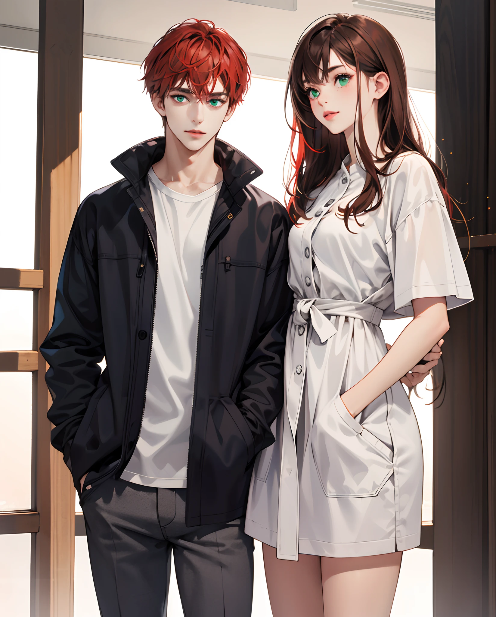 Red head girl with freckles and green eyes standing with a handsome guy with brown hair and blue eyes