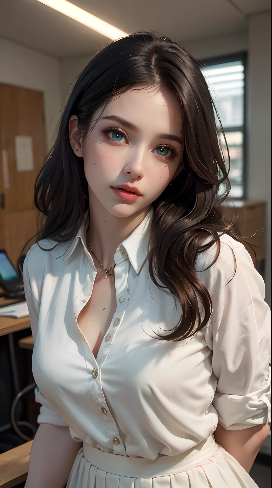 (best quality,4k,8k,highres,masterpiece:1.2), ultra-detailed, (realistic,photorealistic,photo-realistic:1.37),(beautiful detailed eyes, beautiful detailed lips, long eyelashes),studio lighting,physically-based rendering,vivid colors,(green eyes, bright eyes, shining eyes), (office style, white blouse, black skirt),