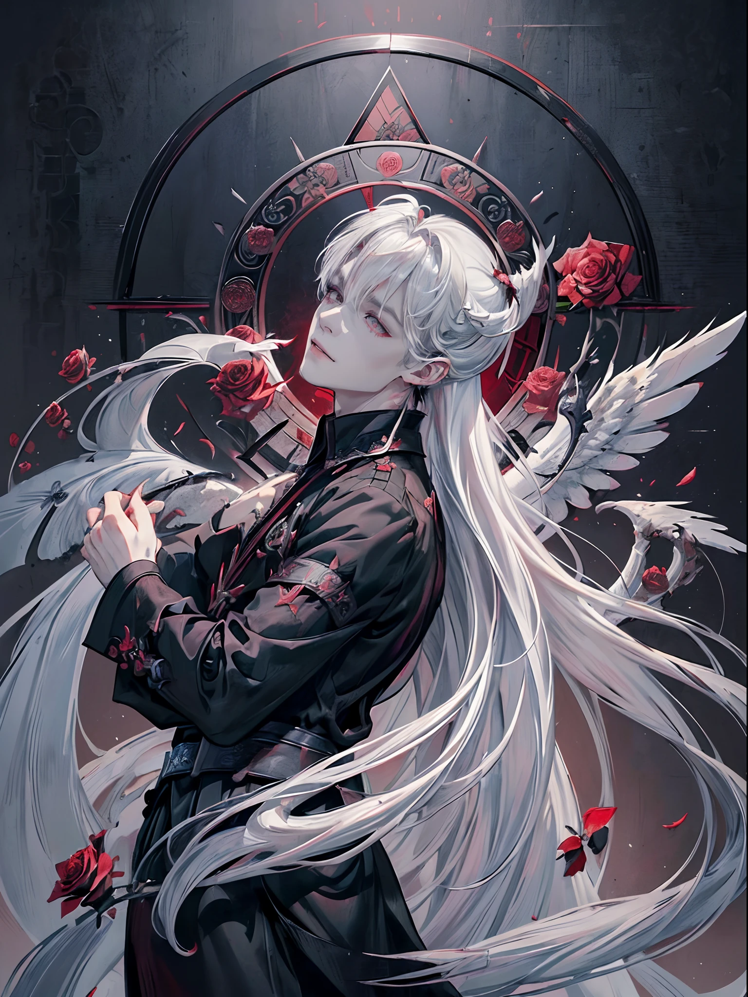 ((4K works))、masterpiece、(top-quality)、((high-level image quality))、((One Beautiful Fallen Angel Man))、Slim body、((Vampire Black Y-Shirt Fashion))、(Detailed beautiful eyes)、((Red roses and crows on fantastic black background))、Inside the Evil Castle、((Face similar to Chaewon in Ruseraphim))、((Long and gray-haired man with center division))、(((white hair)))、((Smaller face))、((Neutral face))、((Red Eyes))、((Korean Male))、((50 years old))、((wild boy))、((Show your teeth and smile))、((Korean makeup with black eyeshadow))、((elongated and sharp eyes))、(((Shot alone)))、((Fallen Angel))、Photos of fallen angels、Villain、Dark Proof、((Shot diagonally from the side))、King of Fallen Angels、Evil King