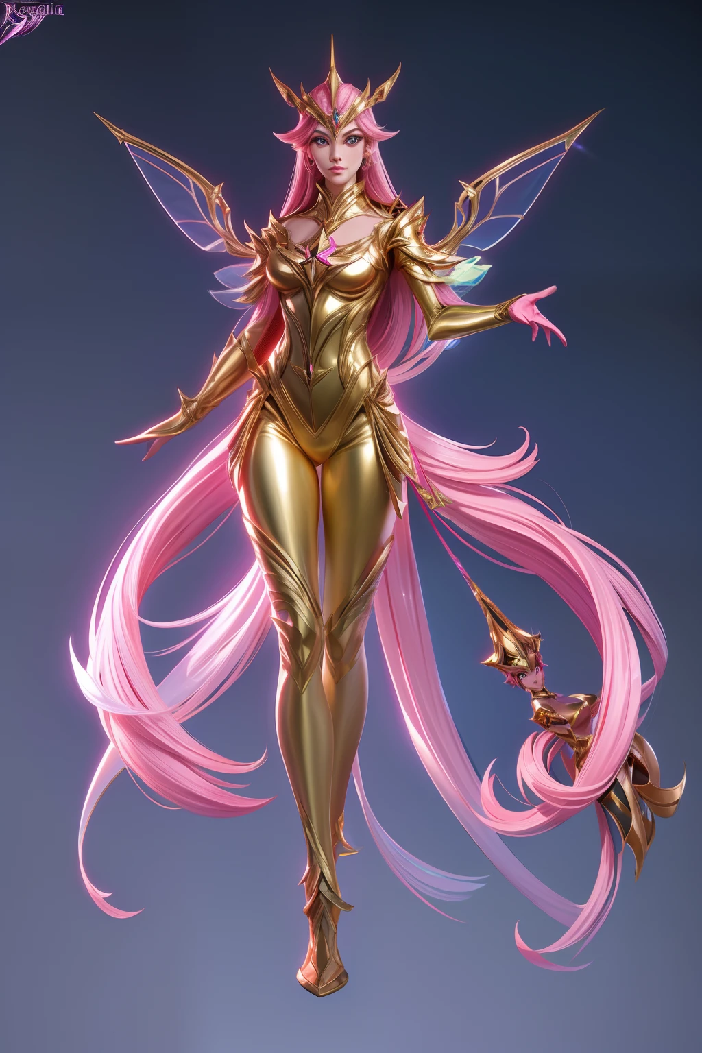 solo, super fine photo, full body digital art Unreal Engine 5 8K UHD of a girl, concept art, character concept design, wearing gold tight shiny bodysuit with metallic details, metallic glove, pink long hair, fairy girl, pixie, best quality, masterpiece, super detailed, sharp focus, female pose