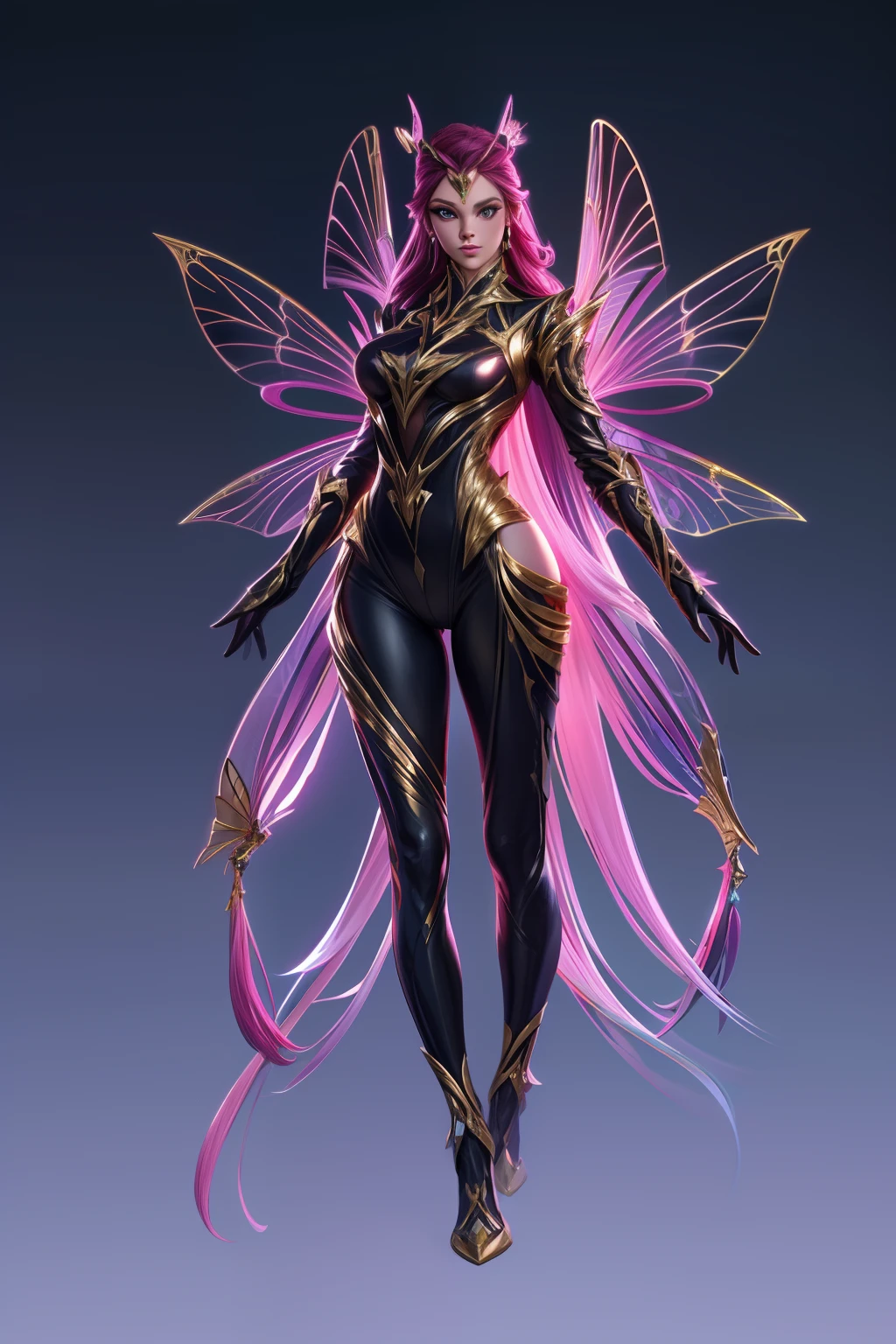 solo, super fine photo, full body digital art Unreal Engine 5 8K UHD of a girl, concept art, character concept design, wearing black and gold tight shiny bodysuit with metallic details, dragonfly wings, metallic glove, pink long hair, fairy girl, pixie, best quality, masterpiece, super detailed, sharp focus, female pose