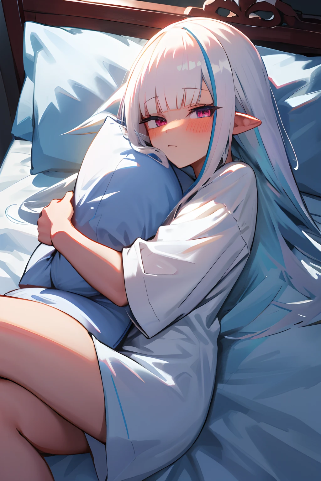 One girl with long hair, white hair, looking at viewer, blushing, pointy ears, thigh, bedroom, sleeping face, oversized ????? t shirts, pillow, night, pillow_hug, lying