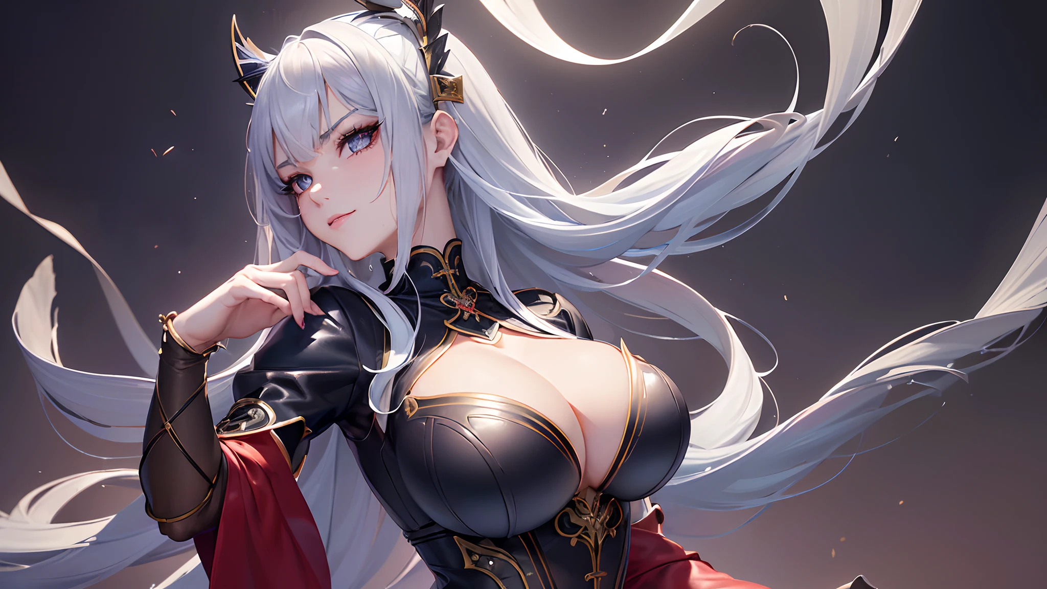 统一 8k 壁纸, a closeup，portrait of a full body，dynamicposes，Vibrant eyes，Costumes with red and gold color scheme，opulent，tack sharp focus，Volume Fog，dslr camera，film grains，de pele branca，photorealisim，nffsw, semi transparent((16ｋnffsw,Raw photography,top-quality,hight resolution,Ray tracing,PBR Texture,Post-processing,ultra fine photos,sportrait,)),((( Dark Blue Leather Bondage, Japan anime girls,Re:Life in another world starting from scratch,Emilia,Long silver hair,Big breasts that emphasize cleavage:2.0,bare hand,Thin leg,blue eyess,Elaborate limb representation,Limbs are２Boken,Total refers to５Portrayed in books,A beautiful woman with perfect body,Elaborately expressed facial expressions,Beautiful fine skin))),(Complex fishnet stockings),pin heels,Leather luster :3.0,Beautiful skin,(Dark red corset,Dark Red Bodycon),((tthin eyebrows,long eyelashes,smil,二重まぶた,)),No title required,Do not wear anything on your shoulders,Create beautiful light effects on the background,Light Particle Filter,(finerly detailed face:1.4),(​masterpiece:1.4),(top-quality:1.4), Beautiful fine skin,(Complex fishnet stockings),pin heels,Leather luster 3.0,Beautiful skin,(Blue Leather Corset),((tthin eyebrows,long eyelashes,smil,二重まぶた,Glossy lips)),No title required,Do not wear anything on your shoulders,(((Depict a woman standing upwards from her feet！))),Trends on pixiv,Mystical aura,Illuminati style,Representing a woman from below with a low angle shot,