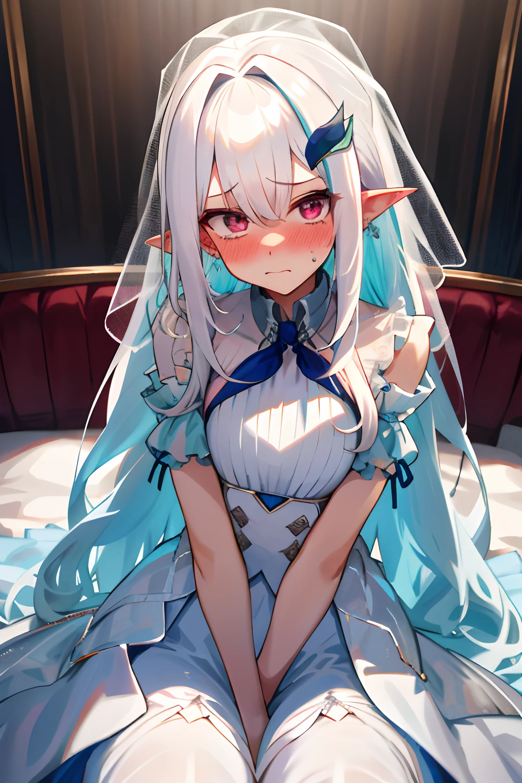 One girl with long hair, white hair, looking at viewer, embarrassed, blushing, tears, indoor , wedding dress, wedding veil, pointy ears, perfect waist, bed, sit on, spread legs, night atmosphere, hair ornament, arms covering mouth