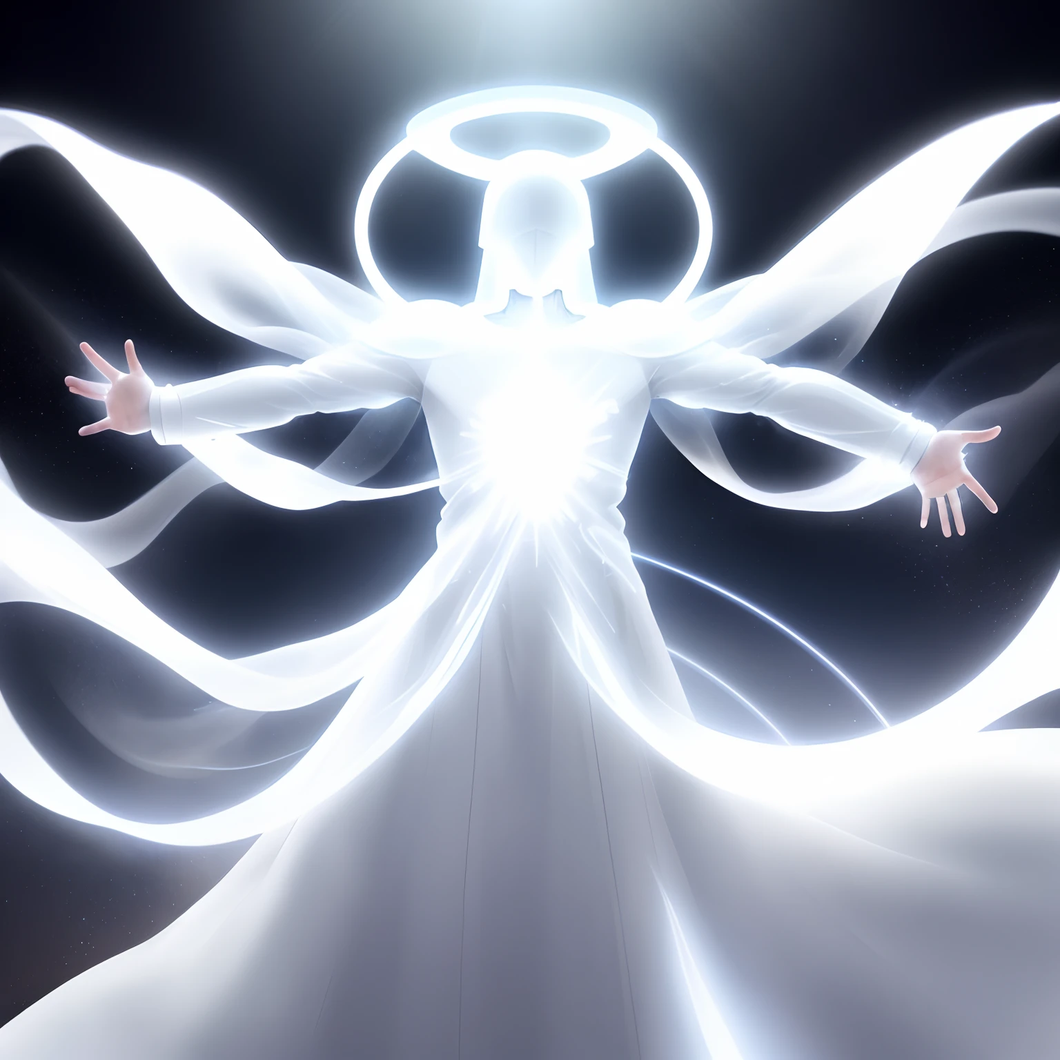 A man, full in white, glowing with light, open arms, majestic halo, all white, no face, man pure white, sound wave, big HALO, DJ, Bigger Halo, starry background, big halo behind body, More HALO, space background, in space