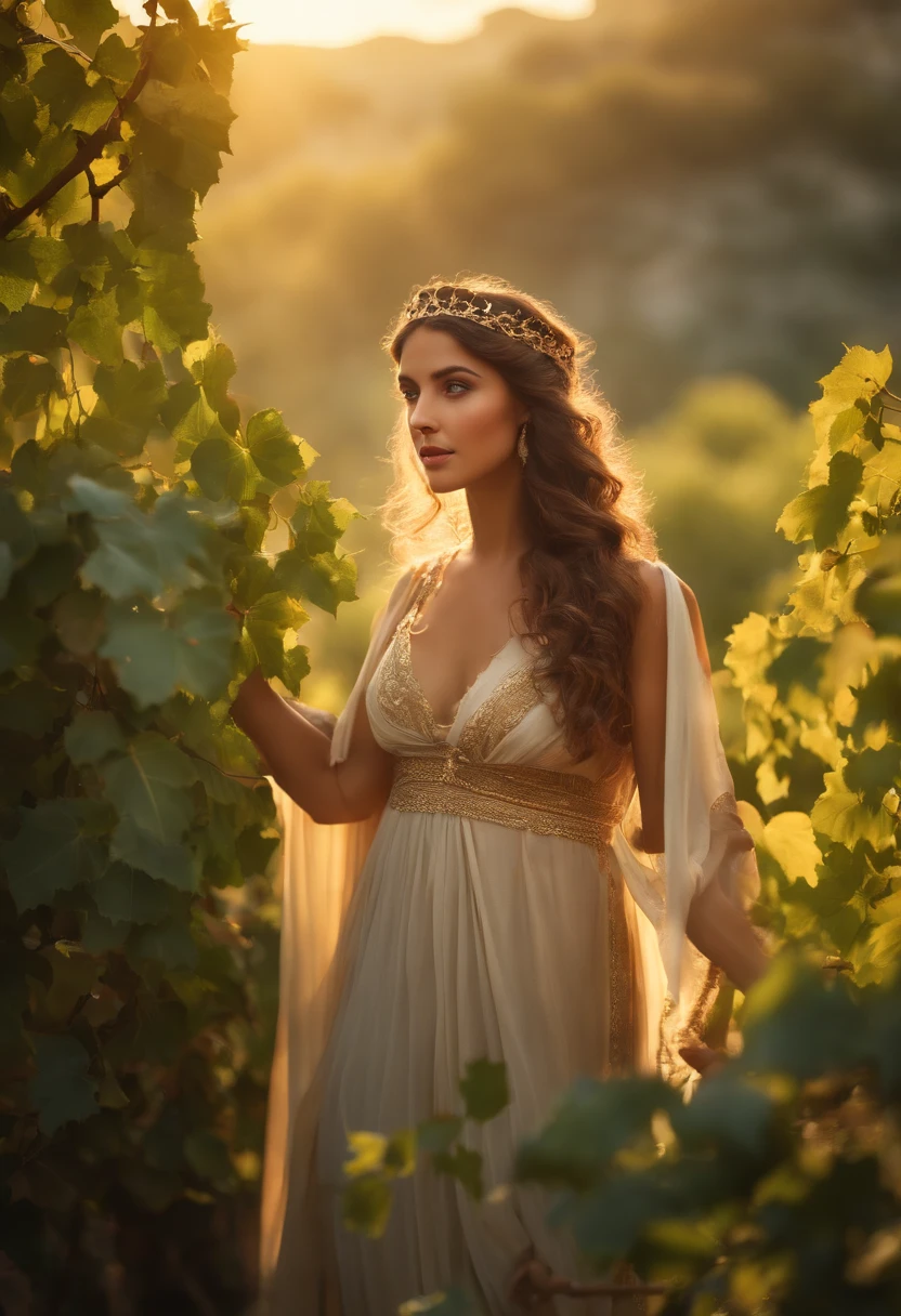 (best quality,4k,8k,highres,masterpiece:1.2),ultra-detailed,(realistic,photorealistic,photo-realistic:1.37), Greek Maenads in an Ancient Greek rural landscape, (beautiful detailed eyes,wild hair,ornate headpieces:1.1),(vivid colored robes, flowing garments:1.1), (joyful expressions and ecstatic dancing,music playing:1.1), grapevines and ivy leaves wrapping around their limbs, (lush greenery and vineyards:1.1), (golden sunlight filtering through the trees:hazy and warm lighting),(natural,earth tones, with a touch of warmth), ancient Greek temple ruins in the background, (ethereal and dreamlike atmosphere:1.1), (hazy,soft-focus effect:1.1),Chorus of birds chirping in the distance, (dynamic composition with the Maenads positioned in a circular formation, symbolizing their unity:1.1).