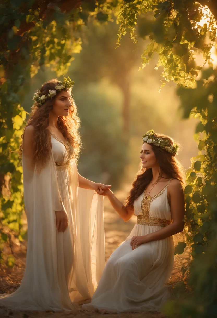 (best quality,4k,8k,highres,masterpiece:1.2),ultra-detailed,(realistic,photorealistic,photo-realistic:1.37), Greek Maenads in an Ancient Greek rural landscape, (beautiful detailed eyes,wild hair,ornate headpieces:1.1),(vivid colored robes, flowing garments:1.1), (joyful expressions and ecstatic dancing,music playing:1.1), grapevines and ivy leaves wrapping around their limbs, (lush greenery and vineyards:1.1), (golden sunlight filtering through the trees:hazy and warm lighting),(natural,earth tones, with a touch of warmth), ancient Greek temple ruins in the background, (ethereal and dreamlike atmosphere:1.1), (hazy,soft-focus effect:1.1),Chorus of birds chirping in the distance, (dynamic composition with the Maenads positioned in a circular formation, symbolizing their unity:1.1).
