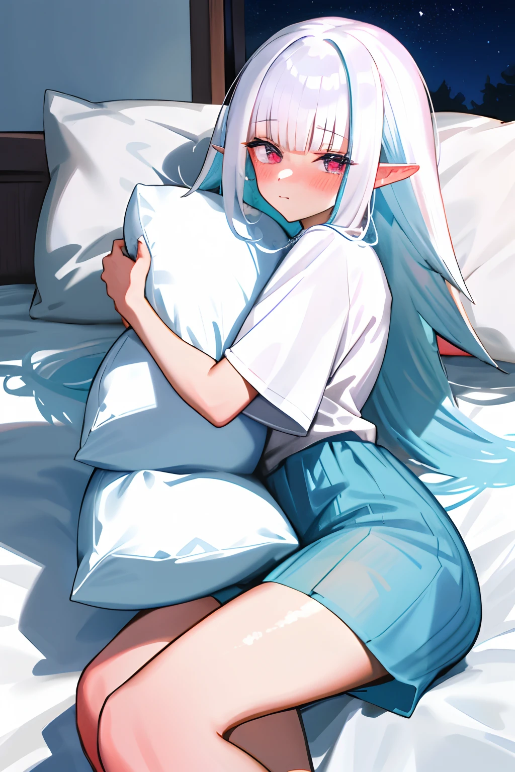 One girl with long hair, white hair, looking at viewer, embarrassed, blushing, tears, indoor , oversized naked t shirts, pointy ears, perfect waist, bed, sit on, spread legs, night atmosphere, hair ornament, pillow hug