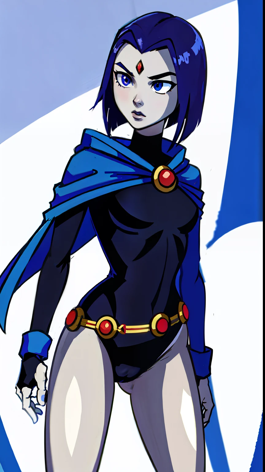 1girl,solo,RavenTT, dynamic posenavy-blue cloak, brooch, leotard, belt