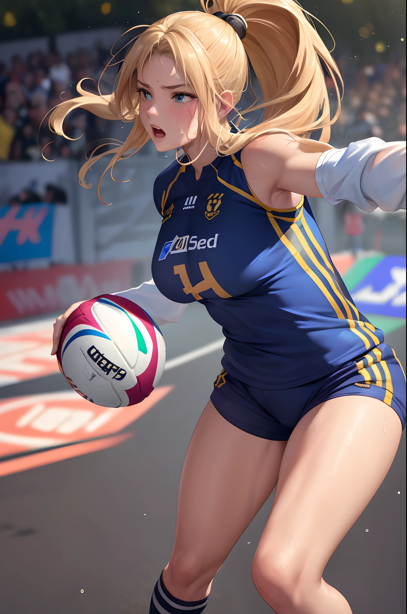 (Best Quality,8K,hight resolution,masuter piece:1.2),Ultra-detailed,Realistic:1.37,Portrait,Dynamic Angle,(Women's Rugby Players) ,Teenage girl,small head,Cute,Sporty,Charming face,Detailed beauty face,Very realistic skin,Wet skin,Sweat,Large breasts,nice legs ,Sporty,Rugby Venues ,Cinematic lighting,