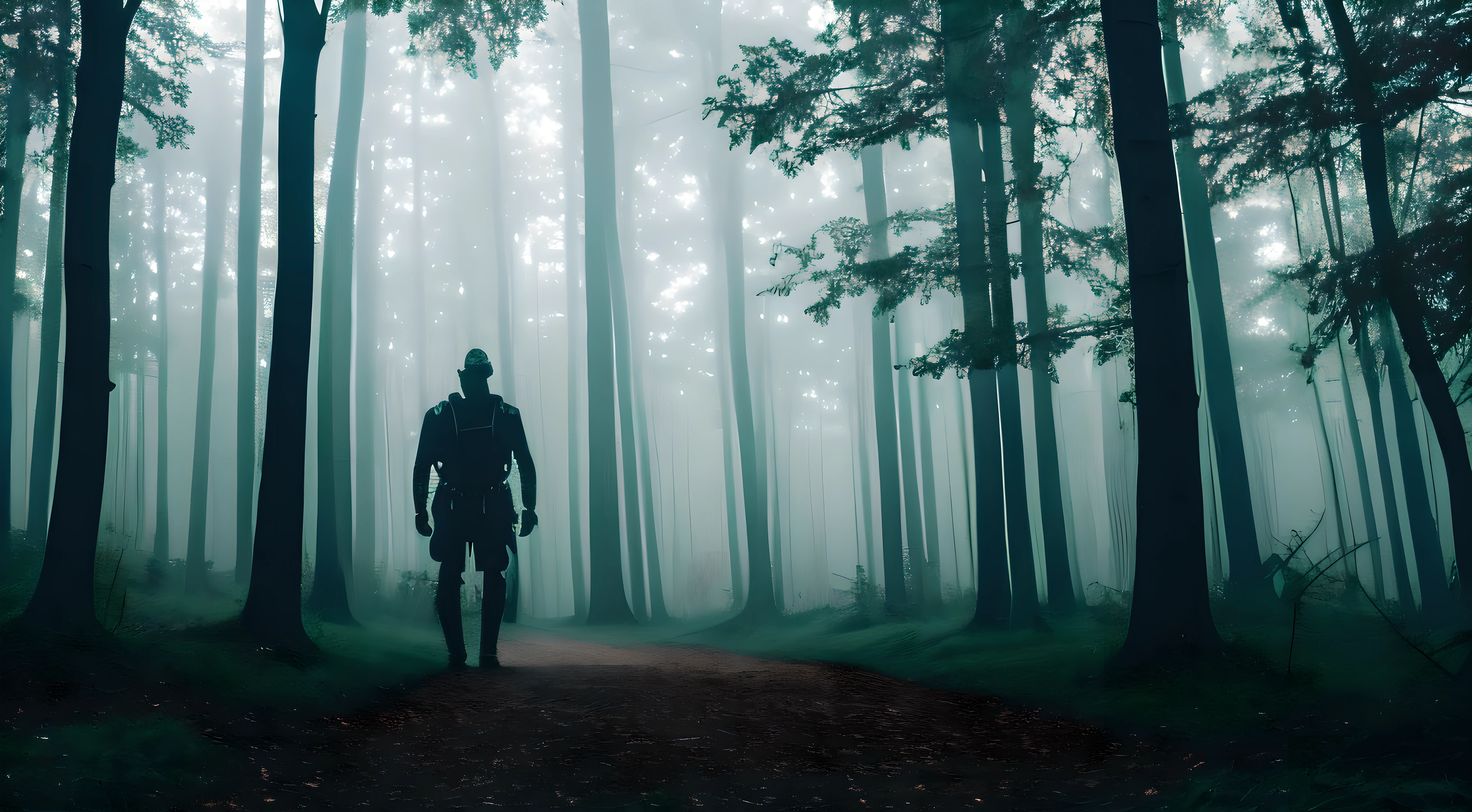 forest, trees, dark vibes, fog, night, spooky techno men, leather harness, raver,