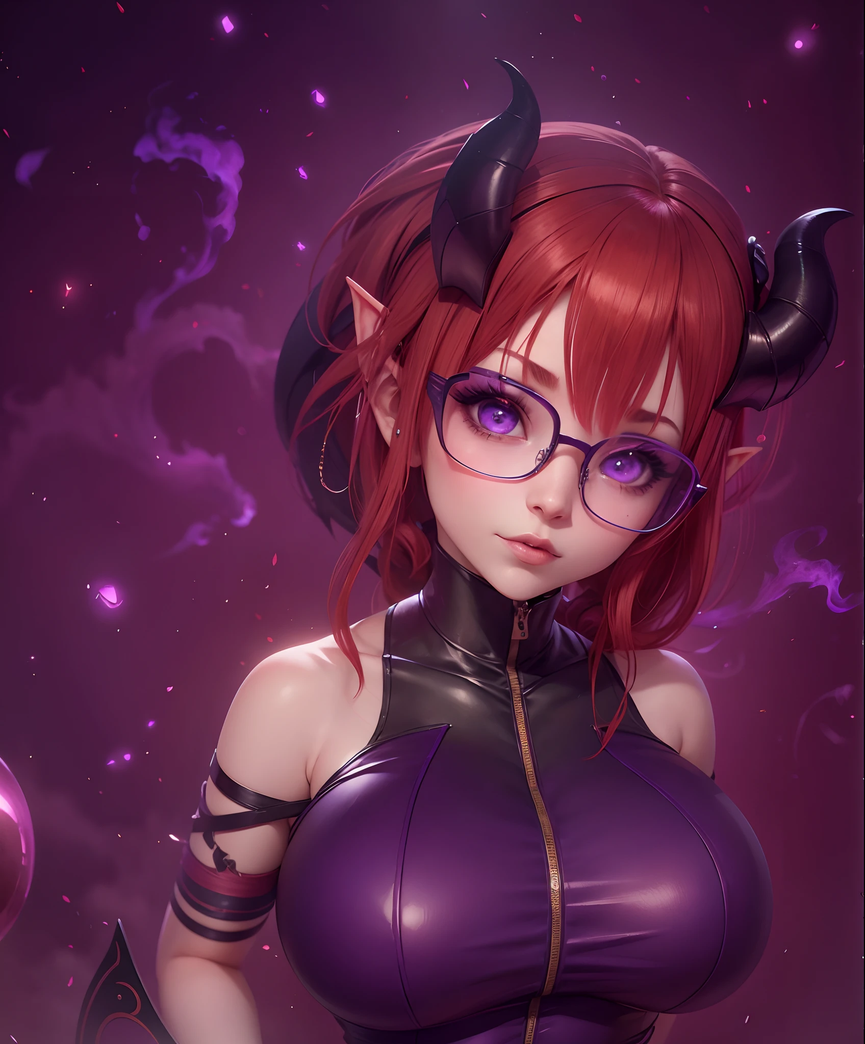 garota, anime, succubus, redhead, Posando, Chifres, vestir, Apertado, glasses, Purple, orelhas de elfo, best quality, Rosto detalhado, 8k