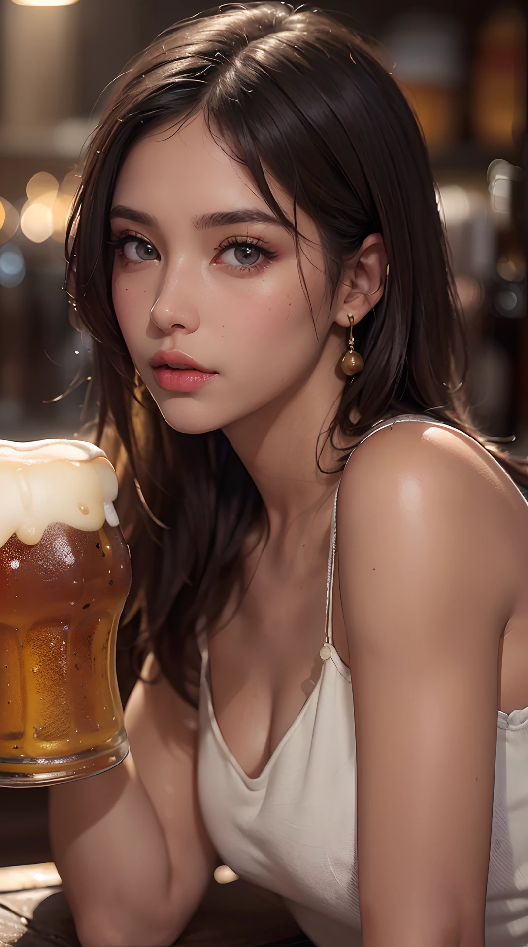 (Best Quality,4K,8K,hight resolution,masutepiece:1.2), Ultra-detailed, (Realistic,Photorealistic,Photorealsitic:1.37),(Beautiful detailed eyes, Beautiful detailed lips, extremely detailed eye and face, long eyelashes),Studio Lighting,Physically-based rendering,Vivid colors,(Woman with a tan, beer in her hand:1.5),