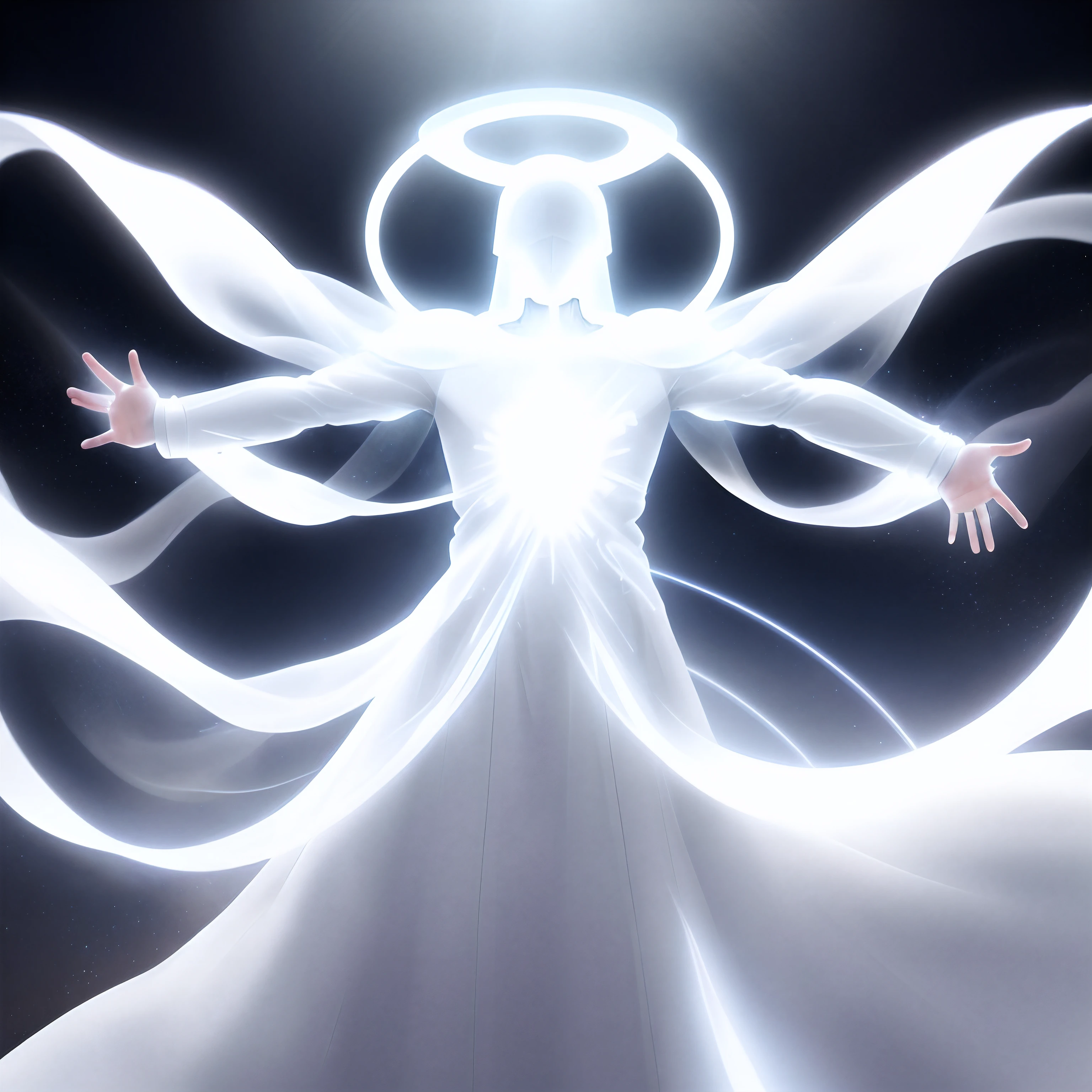 A man, full in white, glowing with light, open arms, majestic halo, all white, no face, man pure white, sound wave, big HALO, DJ, Bigger Halo, starry background, big halo behind body, More HALO, space background, in space