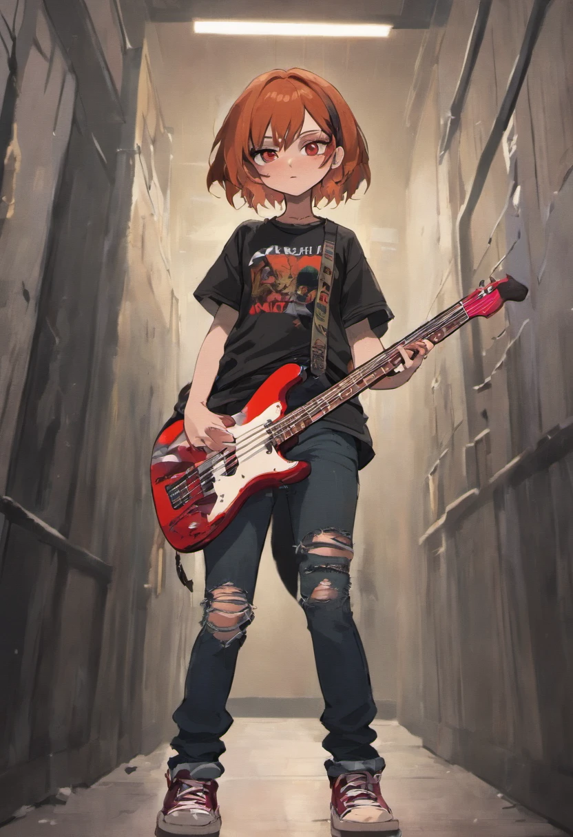 woman with tan skin, wearing a band tee and fishnets under, ripped black jeans and a 2000s emo belt. baggy black ripped converse. split dyed hair, left side dull orange, right side dark brown. wearing slightly dark makeup. a nose piercing and array of necklaces, bracelets and mismatched ear piercings. long wavy hair, consistent art style and in different poses or holding a bass guitar. slightly chucky weight in the art style of The Last of Us