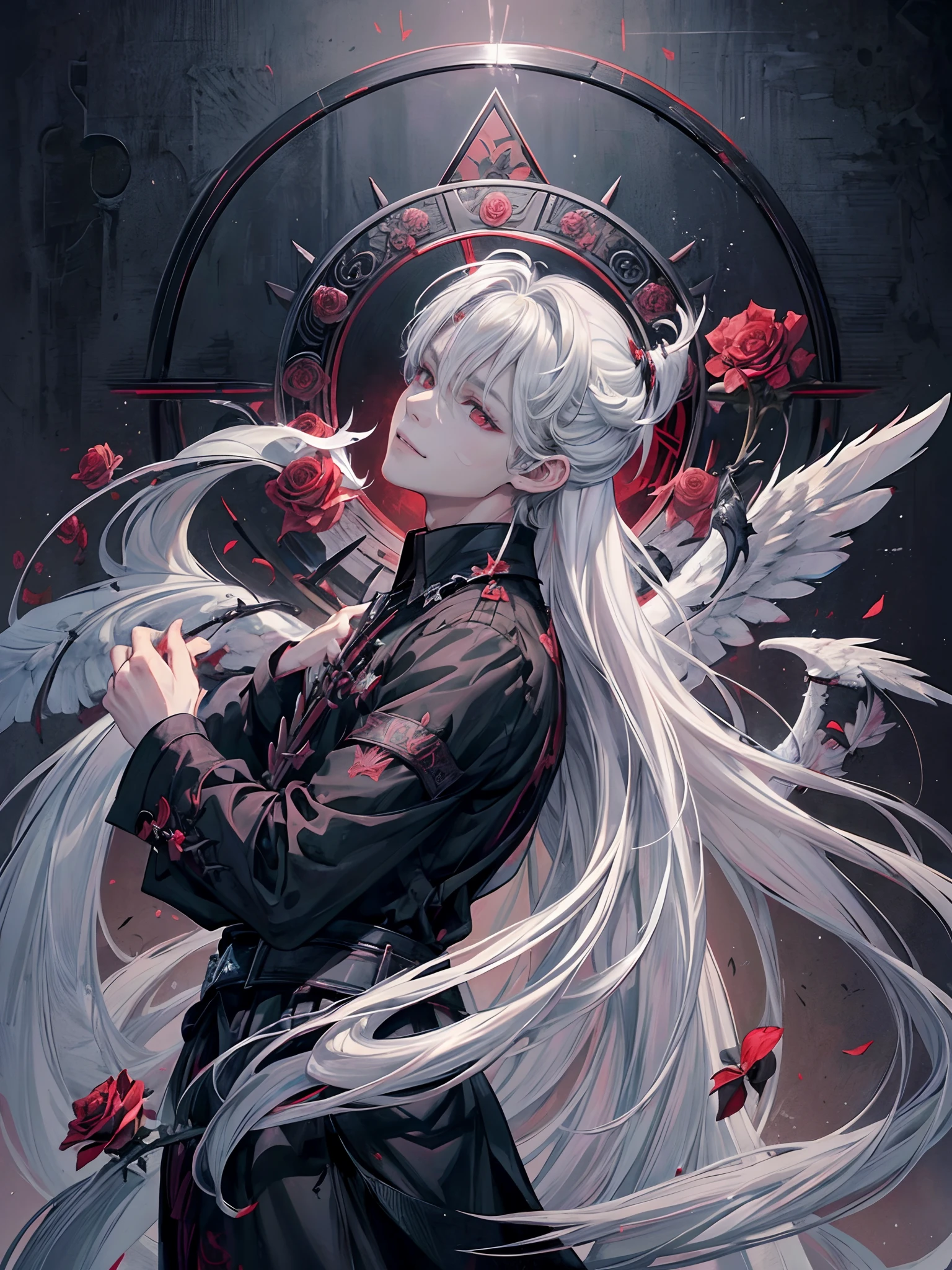 ((4K works))、masterpiece、(top-quality)、((high-level image quality))、((One Beautiful Fallen Angel Man))、Slim body、((Vampire Black Y-Shirt Fashion))、(Detailed beautiful eyes)、((Red roses and crows on fantastic black background))、Inside the Evil Castle、((Face similar to Chaewon in Ruseraphim))、((Man with long, gray hair in the middle division))、(((white hair)))、((Smaller face))、((Neutral face))、((Red Eyes))、((Korean Male))、((50 years old))、((wild boy))、((Show your teeth and smile))、((Korean makeup with black eyeshadow))、((elongated and sharp eyes))、(((Shot alone)))、((Fallen Angel))、Photos of fallen angels、Villain、Dark Proof、((Shot diagonally from the side))、King of Fallen Angels、Evil King