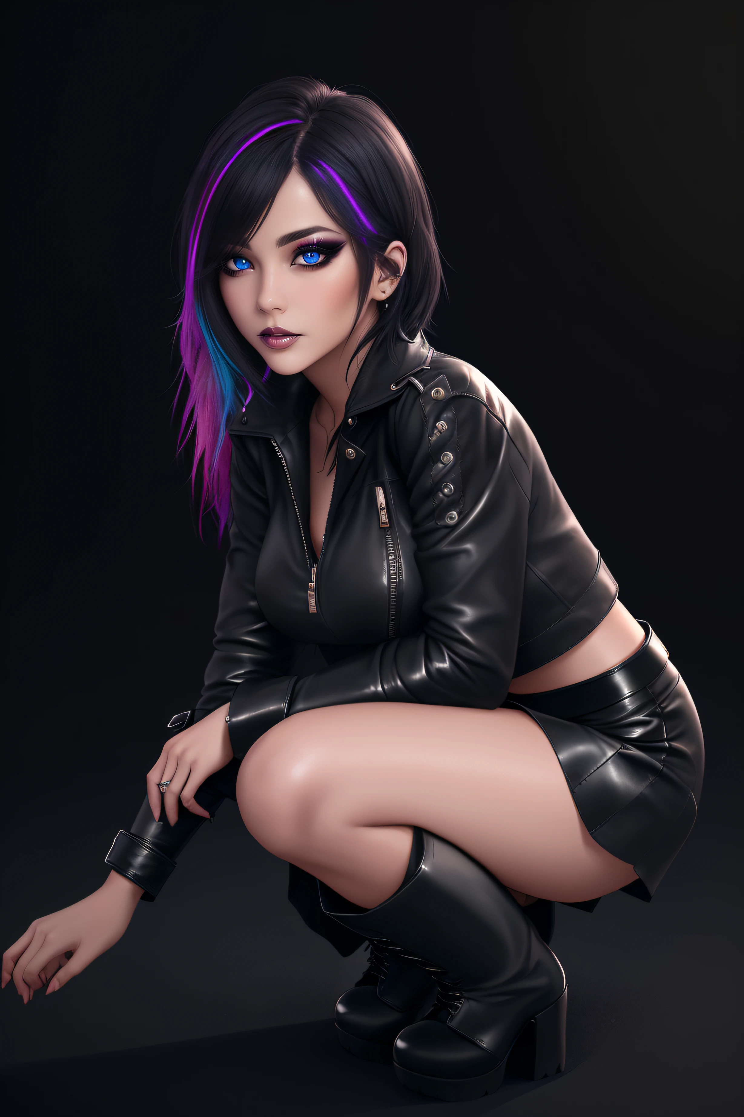 beautiful girl, full body, short bright blue neon streaked dishevelled hair, ((large light realistic detailed eyes:1.3)), ((seductive pose:0.5)), black eyeshadow, (street style wear:1.2), ((tight fitted short skirt)), ((knee high leather boots:1.3)), (dark city night black background:1.4), dark makeup, digital art, trending on artstation, highly detailed, fine detail, intricate, beautiful detailed glow, detailed, Cinematic light, high-res, detailed facial features, sharp focus, smooth, aesthetic,