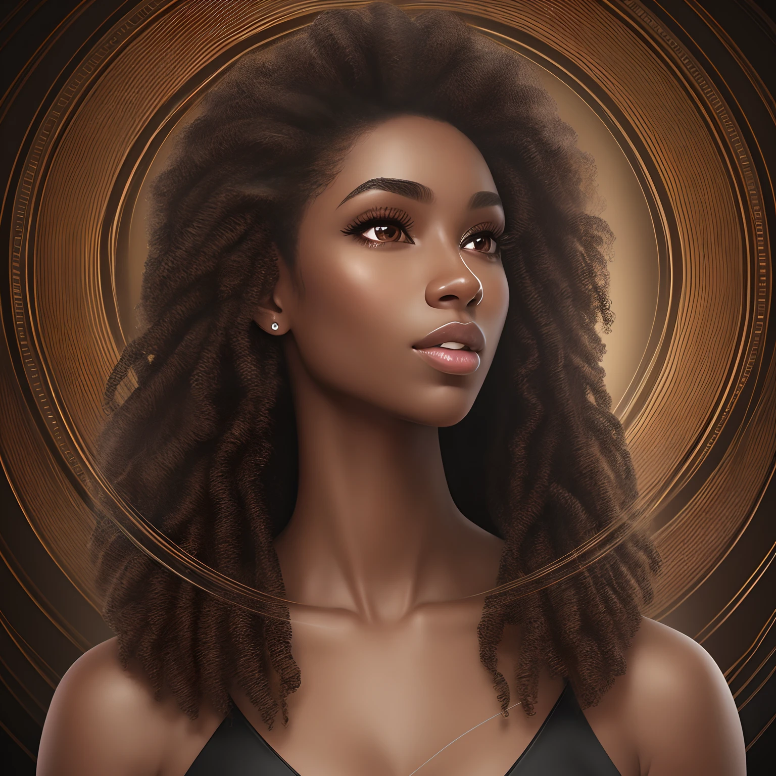 best quality, realistic, best definition, ultra definition, ultra realistic,beautiful, black woman, 20 years old, black skin, black curly hair, voluminous hair, shoulder length hair, curls, springs, beautiful face, round eyes, long eyelashes, well drawn mouth, not too big nose, straight nose, rounded face, prominent cheekbones, realistic skin, perfect skin, artwork, 8k, ultra definition, perfect definition.