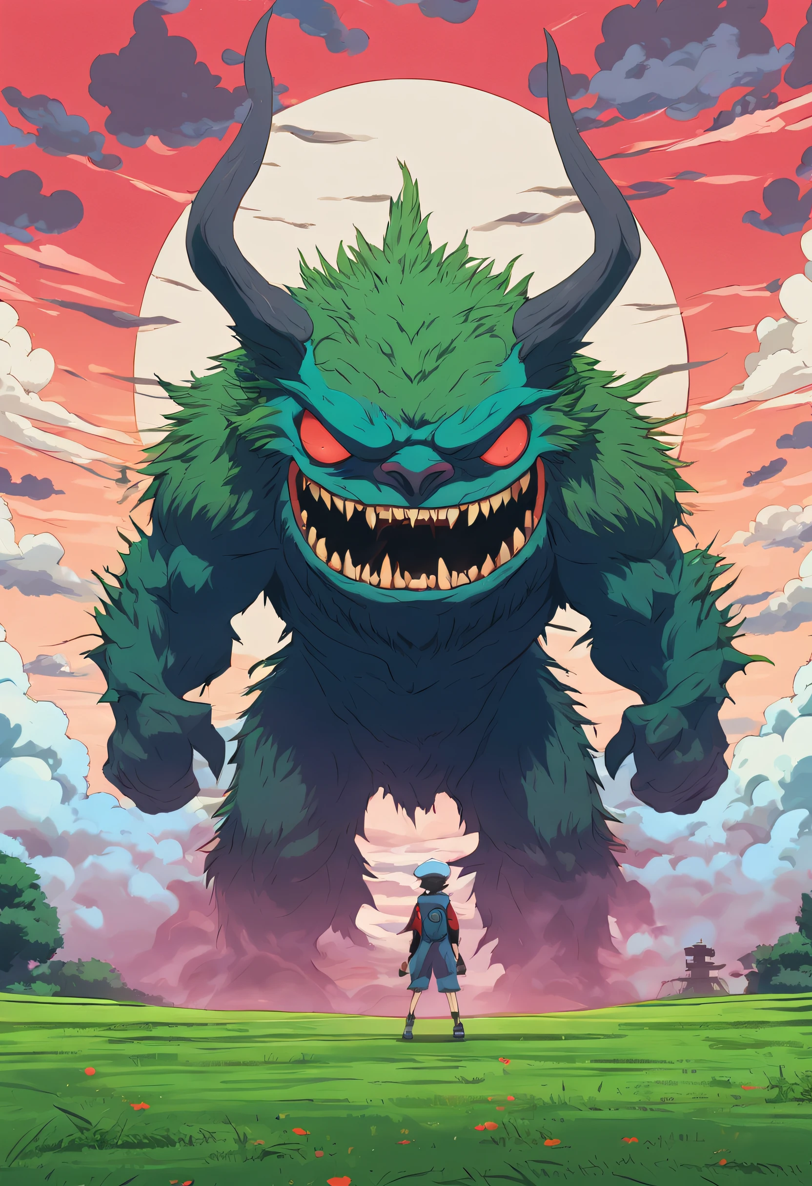 nime artwork Studio Ghibli Style Evil monster, Badass standing pose, landscape grass and clouds background. anime style, key visual, vibrant, studio anime, highly detailed