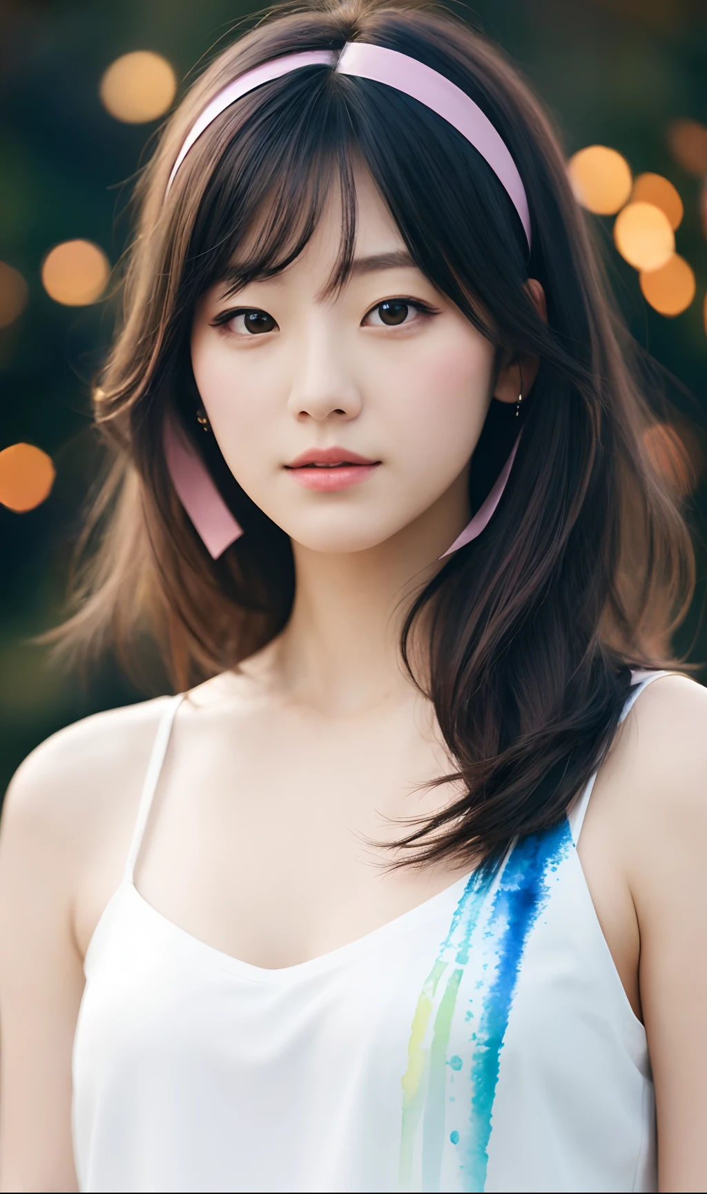 (8k, Best Quality, Masterpiece: 1.2), (Best Quality: 1.0), (Ultra High Resolution: 1.0), Watercolor, Beautiful Woman, Shoulder, Hair Ribbons, Agnes Cécile, Half Body Portrait, Very Luminous Bright Design, Pastel Color, (Ink: 1.3), Autumn Lights