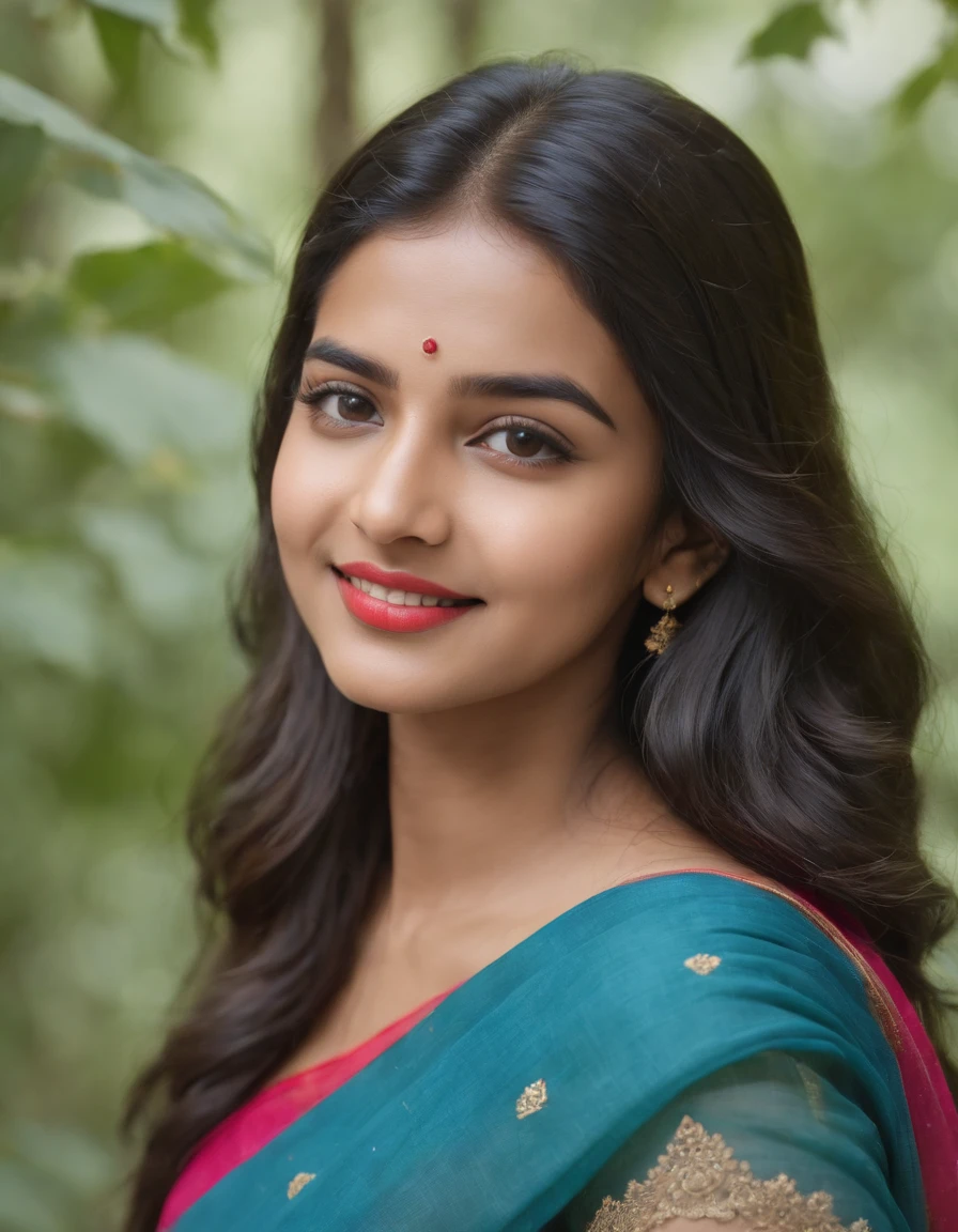 A 20 year old indian girl model inspired by korean face, cute smile, photoshoot, forest background, wearing saree