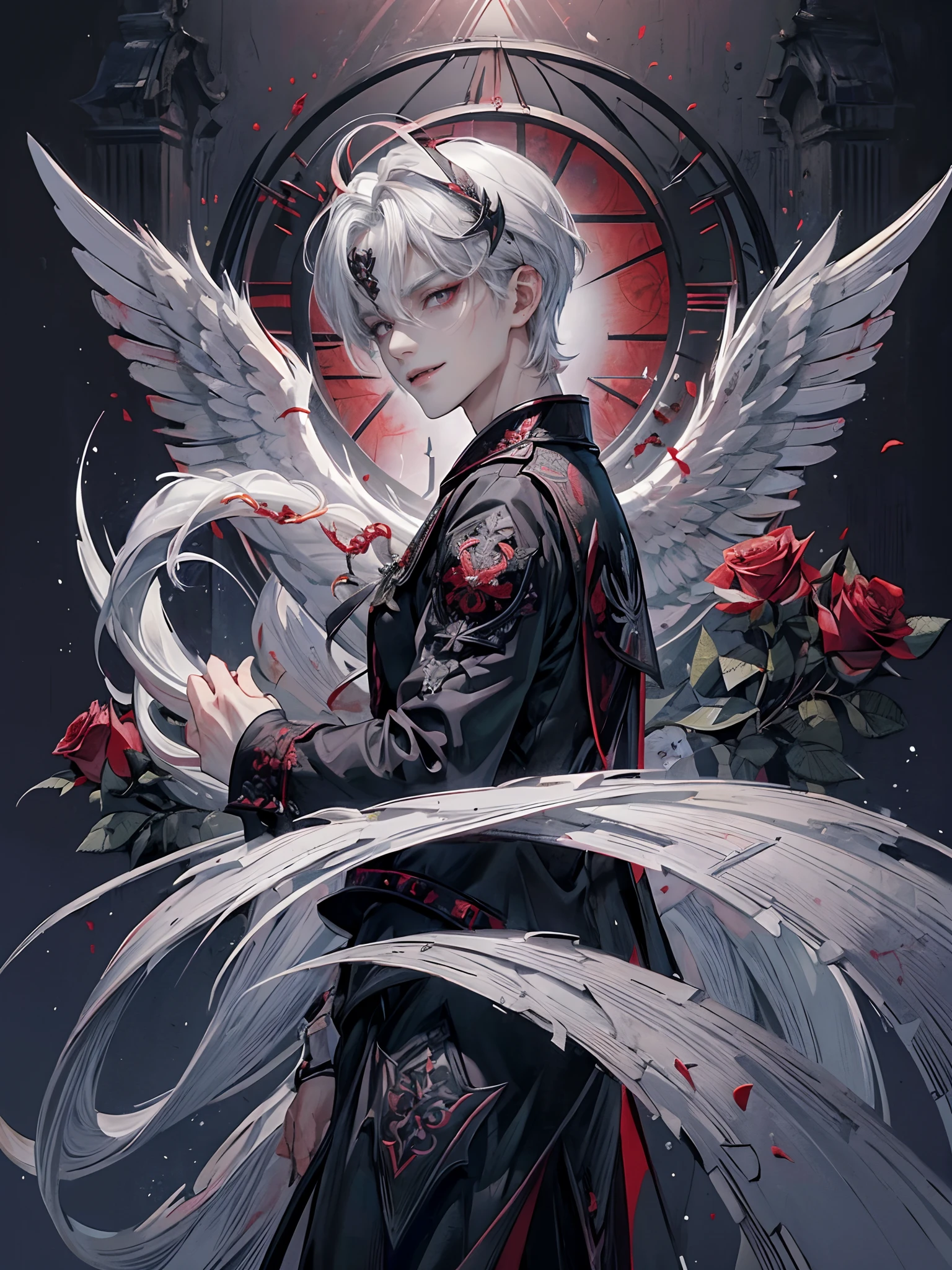 ((4K works))、​masterpiece、（top-quality)、((high-level image quality))、((One Beautiful Fallen Angel Man))、Slim body、((Vampire Black Y-Shirt Fashion))、(Detailed beautiful eyes)、((Red roses and crows on fantastic black background))、Inside the Evil Castle、((Face similar to Chaewon in Ruseraphim))、((Man with long, gray hair in the middle division))、(((white  hair)))、((Smaller face))、((Neutral face))、((Red Eyes))、((Korean Male))、((50 years old))、((wild boy))、((Show your teeth and smile))、((Korean makeup with black eyeshadow))、((elongated and sharp eyes))、(((Shot alone)))、((Fallen Angel))、Photos of fallen angels、Villain、Dark Proof、((Shot diagonally from the side))、King of Fallen Angels、Evil King