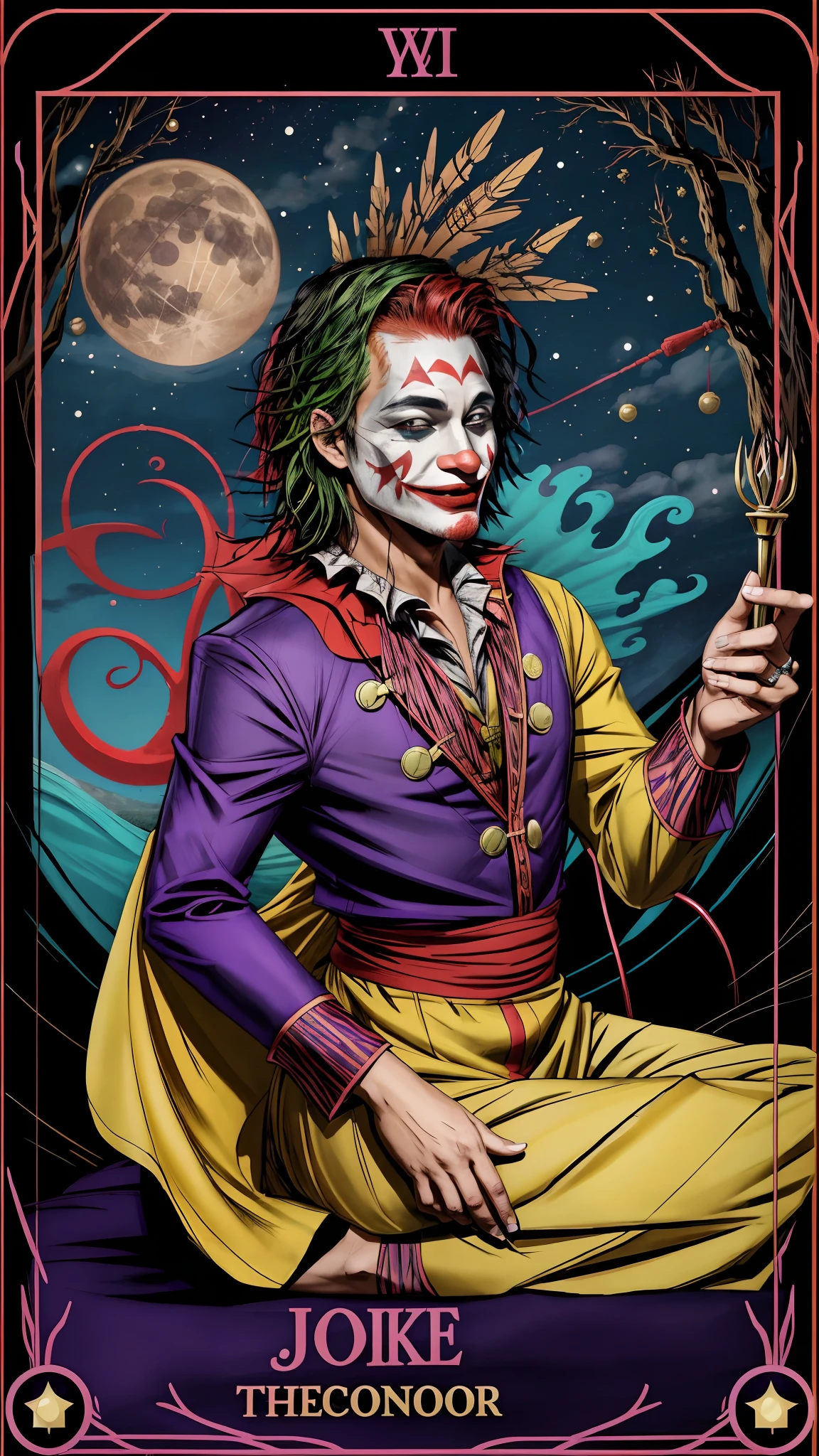 The Joker Tarot Card Heyoka - sacred clown, indigenous wisdom, trickster archetype, colorful attire, playful expression, spiritual guidance, unconventional energy, harmonious balance, energetic presence, horridtarot